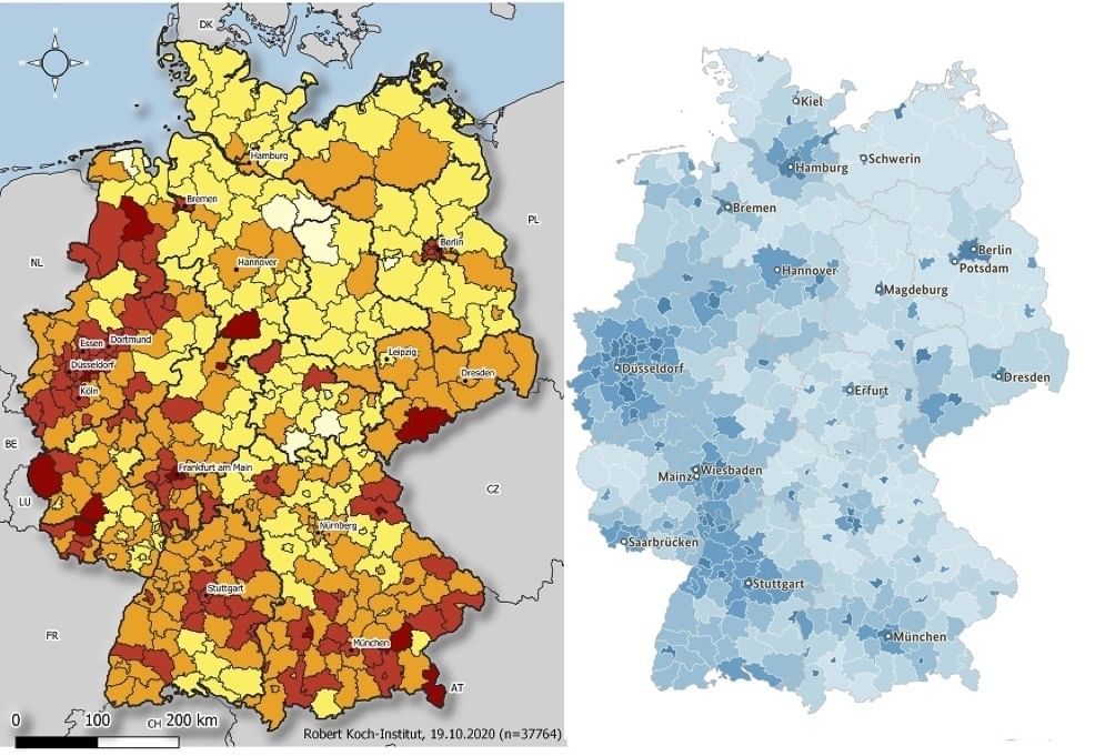 Wir sehen die aktuelle Karte des Robert Koch-Instituts mit der 7-Tage-Inzidenz, neben einer Karte mit der Bevölkerungsdichte. Auf beiden erkennt man, dass das Virus dort besonders stark vorkommt, wo auch viele Menschen wohnen.