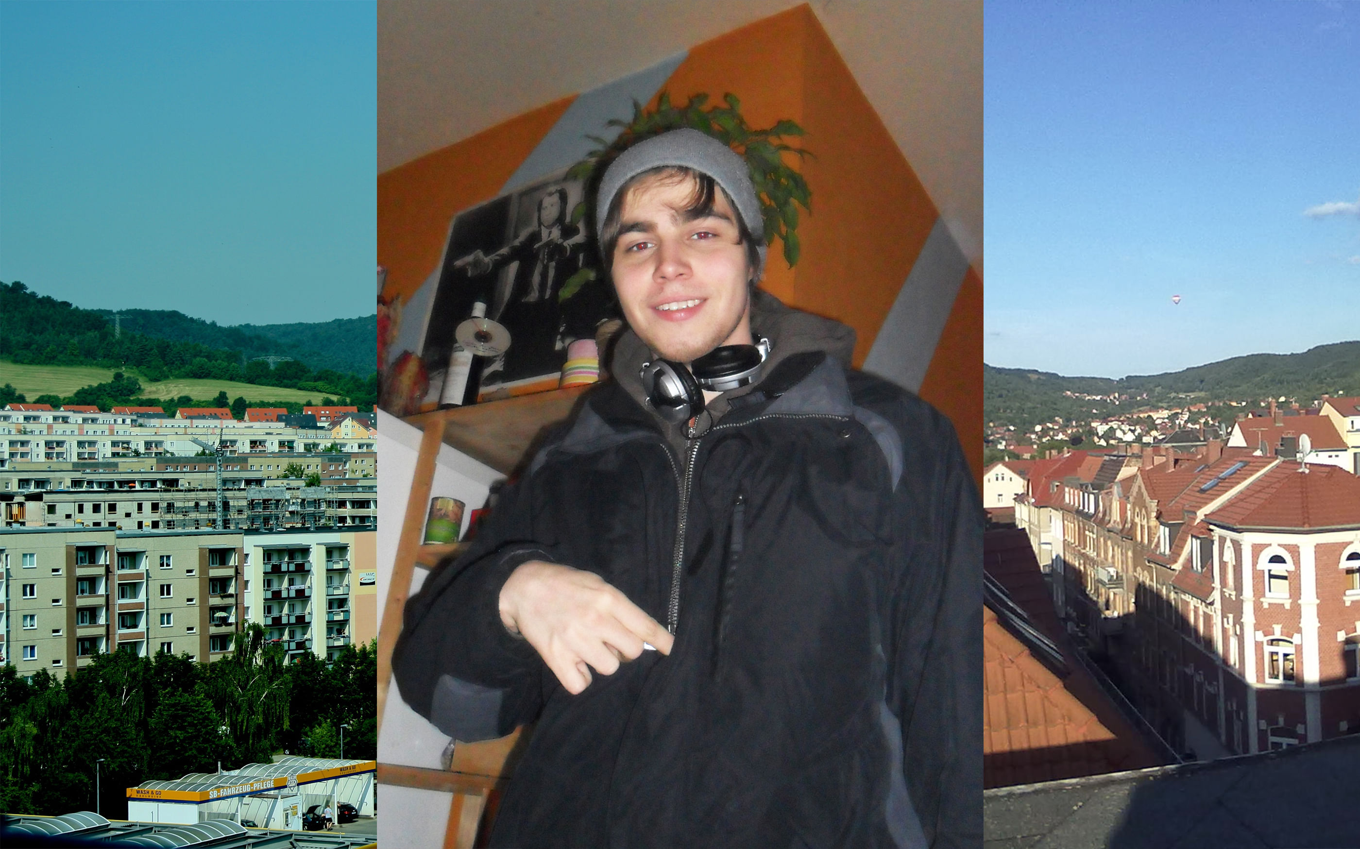 Eine Collage aus drei Bildern: Das rechte zeigt Plattenbauten in Jena-Winzerla, das zweite den Autor bekleidet mit Jacke und Mütze, das dritte einen Blick eine Straße mit Altbauhäusern.