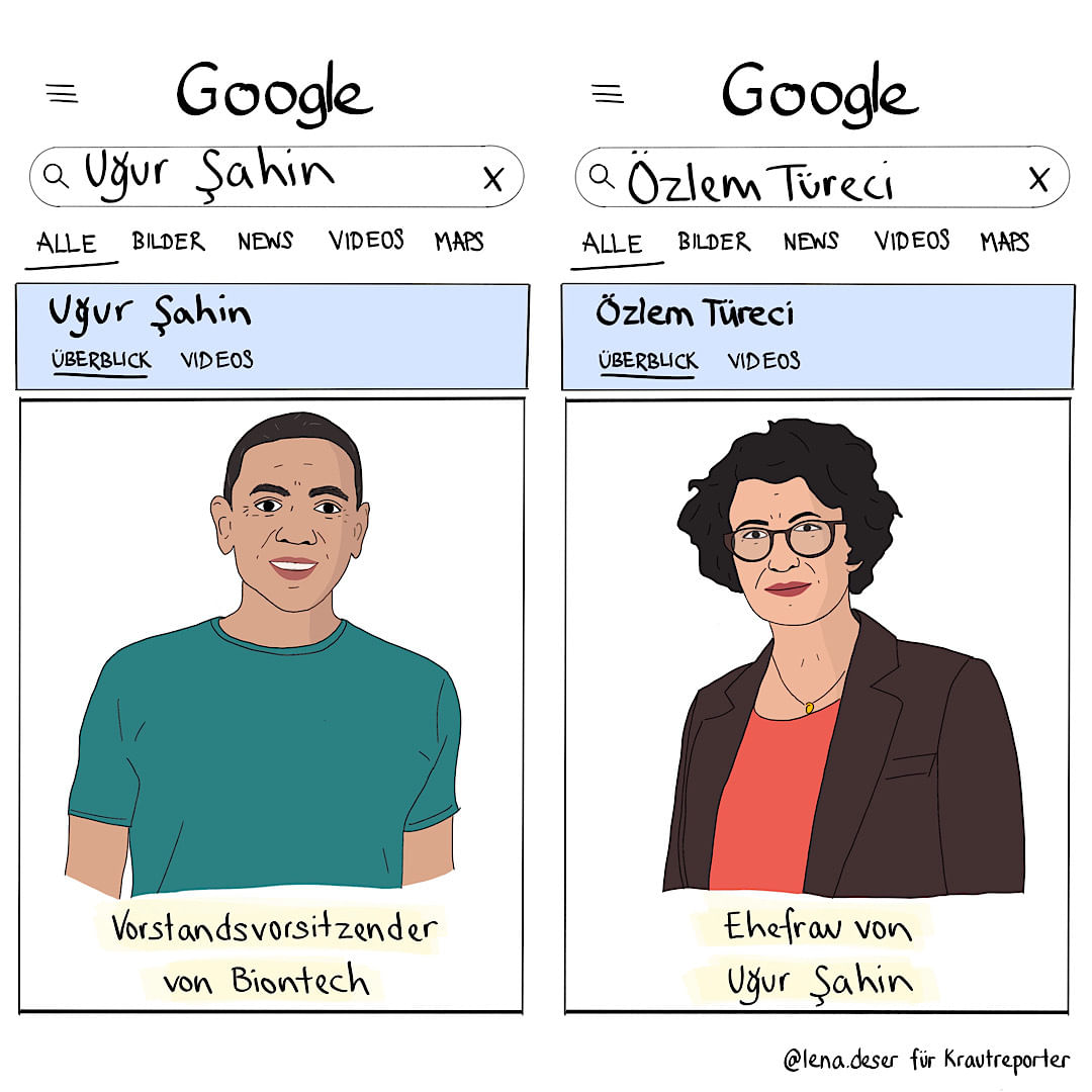 Zeichnung zeigt die Google-Suche: Uğur Şahin wird dort als Vorstand von Biontech genannt, Özlem Türeci als seine Ehefrau.