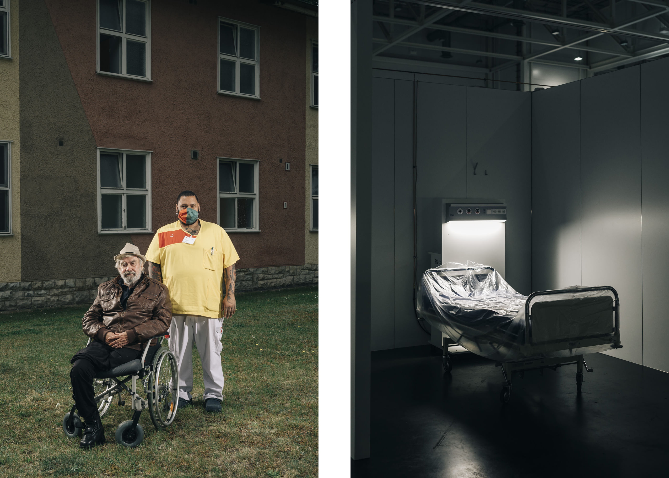 Links: Ein Pfleger und ein Bewohner des Pflegeheims Ernst-Hoppe, der im Rollstuhl sitzt, stehen gemeinsam auf einer Wiese.Rechts: Ein Bett im Behelfskrankenhaus Hannover ist in Folie gewickelt.