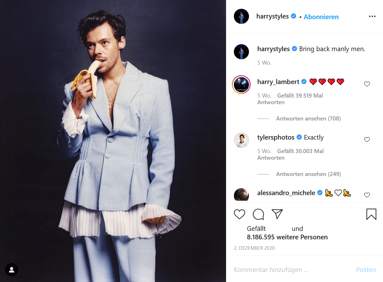 Screenshot von einem Instagram-Post des Sängers Harry Styles.
