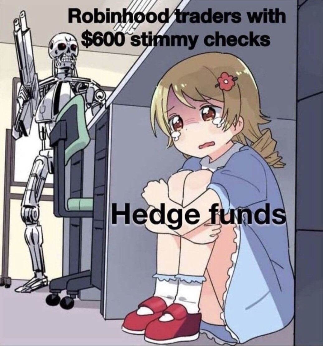 Wie sich die Gamestop-Gruppe selbst sieht, zeigt dieses Bild aus Forum "Wallstreetbets": Hedgefonds verstecken sich vor den "Robinhood Tradern mit ihren 600-Dollar-Regierungshilfen"