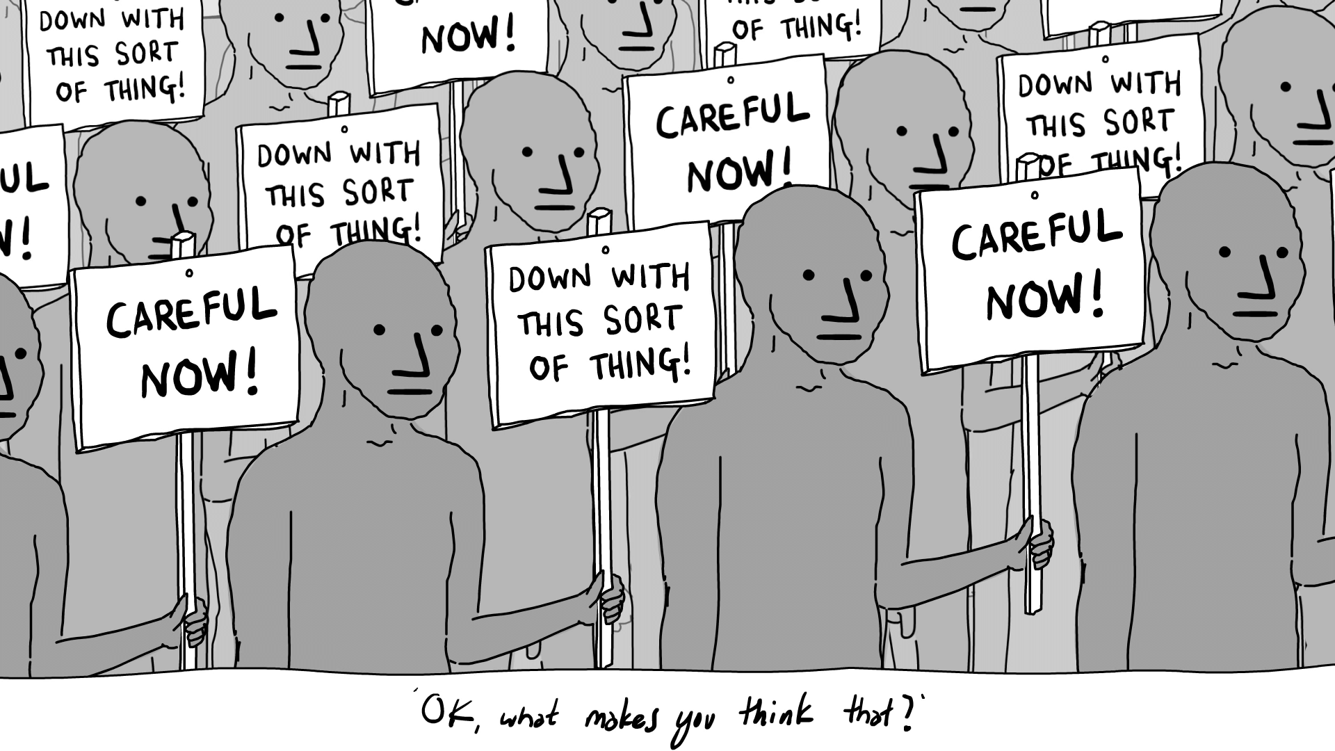 Eine Formation von ausdrucklosen Menschen: Screenshot aus einem Youtube-Video, das das NPC-Meme erklärt.