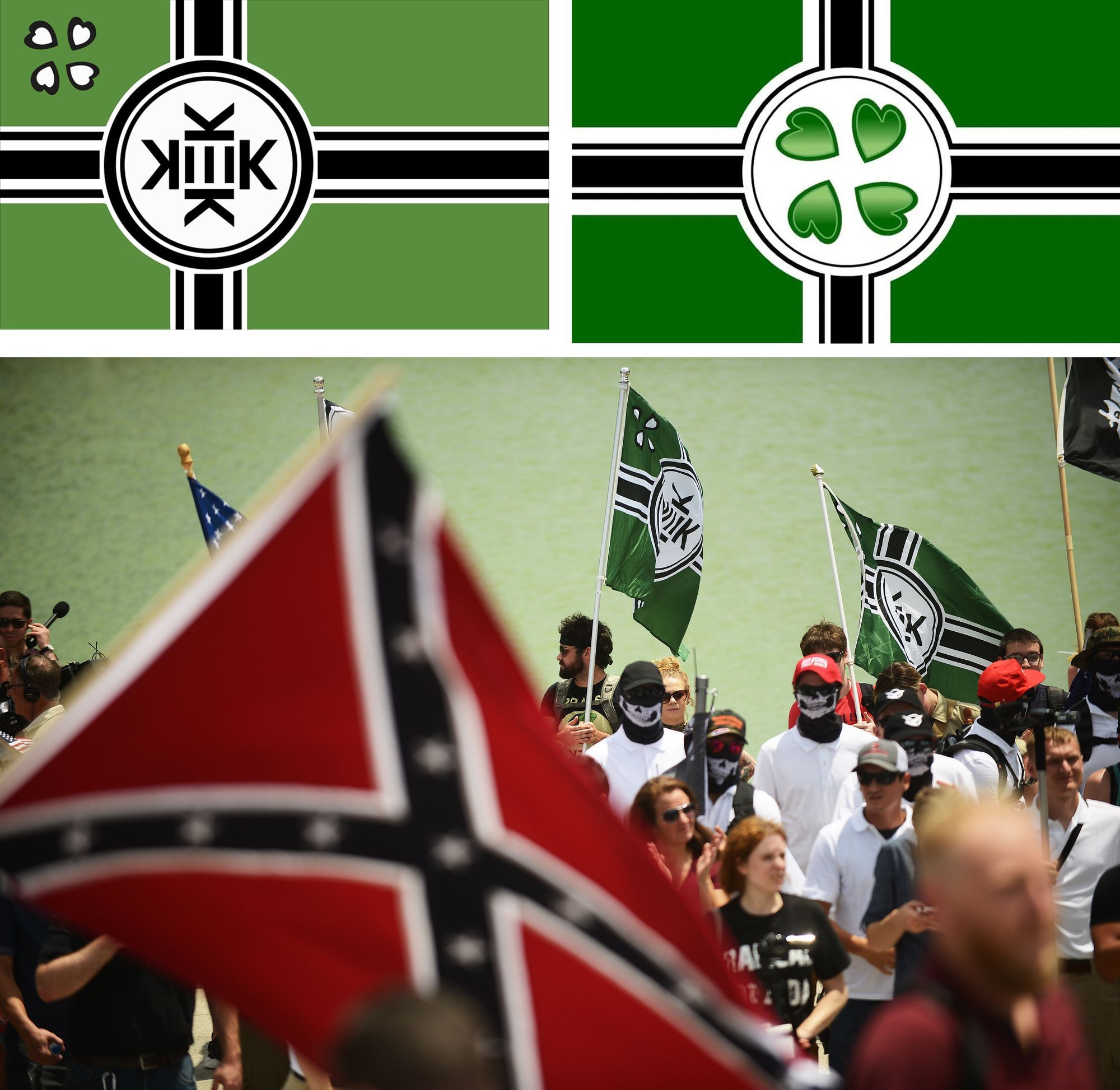Links: die Flagge der fiktiven Gamer-Republik "Kekistan". Rechts: Die inoffiziell Flagge des Messageboards 4chan. Unten: Rechtsextremist:innen und Trump-Anhänger:innen demonstrieren 2017 in Washington.