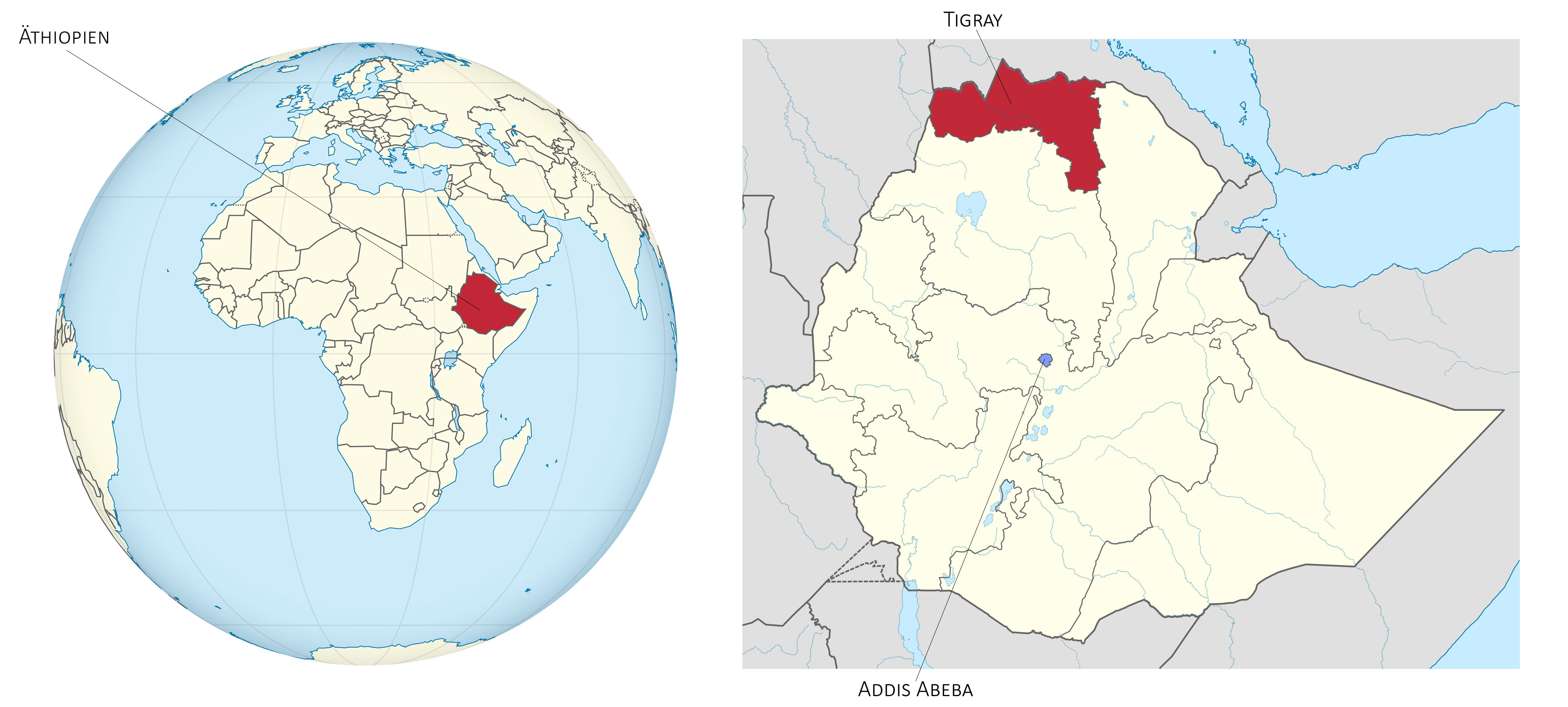 Links: Zentrierte Karte des Afrikanische Kontinents mit Äthiopien rot hervorgehoben. Rechts: Übersichtskarte von Äthiopien und den angrenzenden Staaten, mit der Region Tigray in rot hervorgehoben und der Hauptstadt Addis Abeba in blau.
