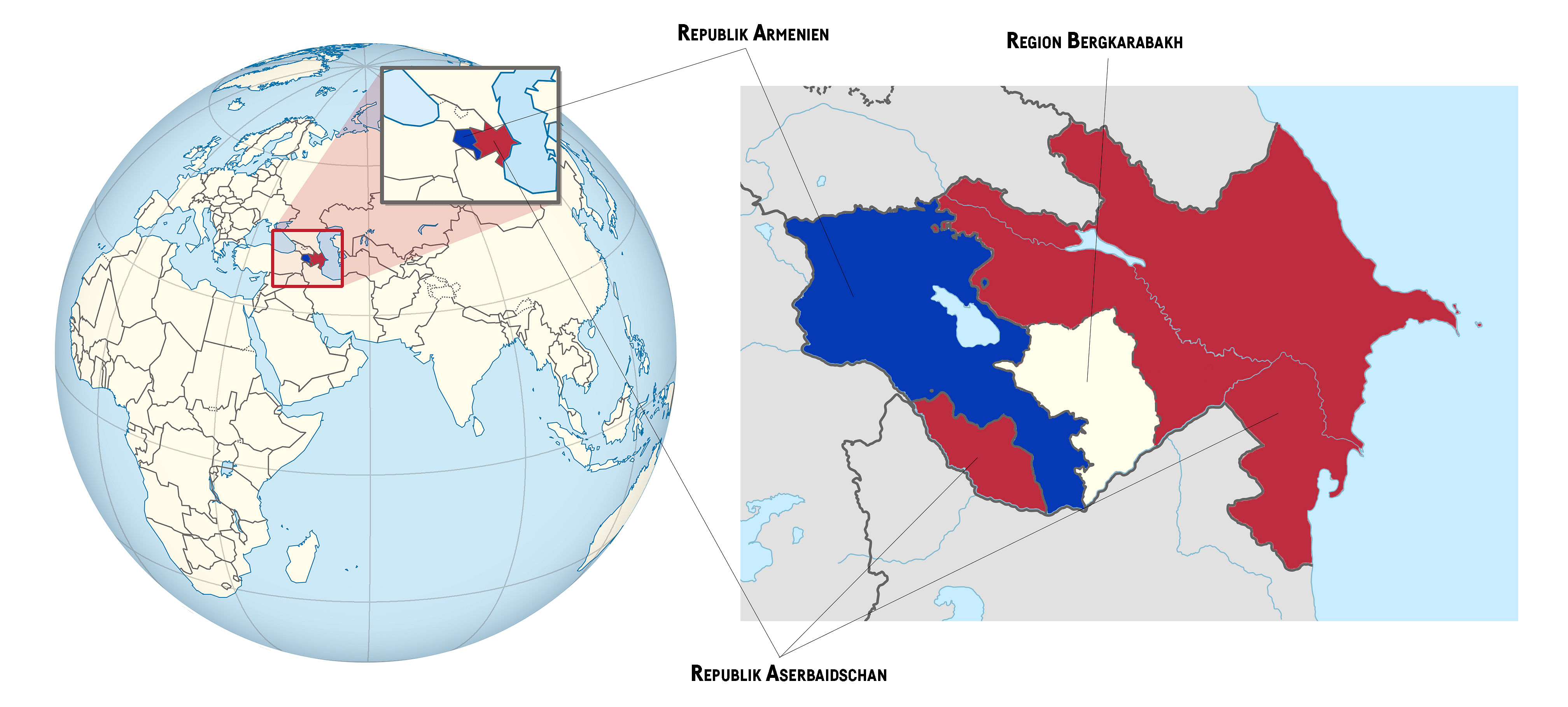 Links: Weltkarte mit dem Kaukasus herrausgezoomt, Armenien in blau, Aserbaidschan in rot. Rechts: Regionale Übersichtskarte der Region Bergkarabach hervorgehoben, der Armenische Teil in blau, Azerische in rot und der umstrittene Teil in weiß.
