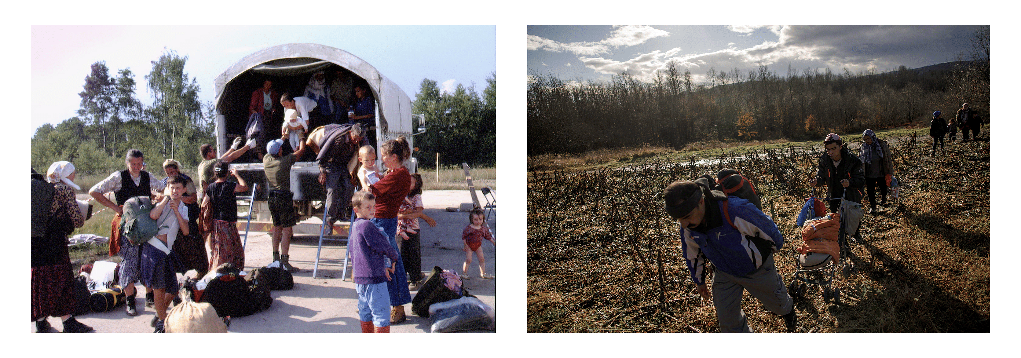 Kompositbild: Links; eine Gruppe Überlebender des Srebrenica Massakers in Tuzla, rechts; eine Afghanische Familie auf der Flucht über die Balkanroute nahe Tuzla.