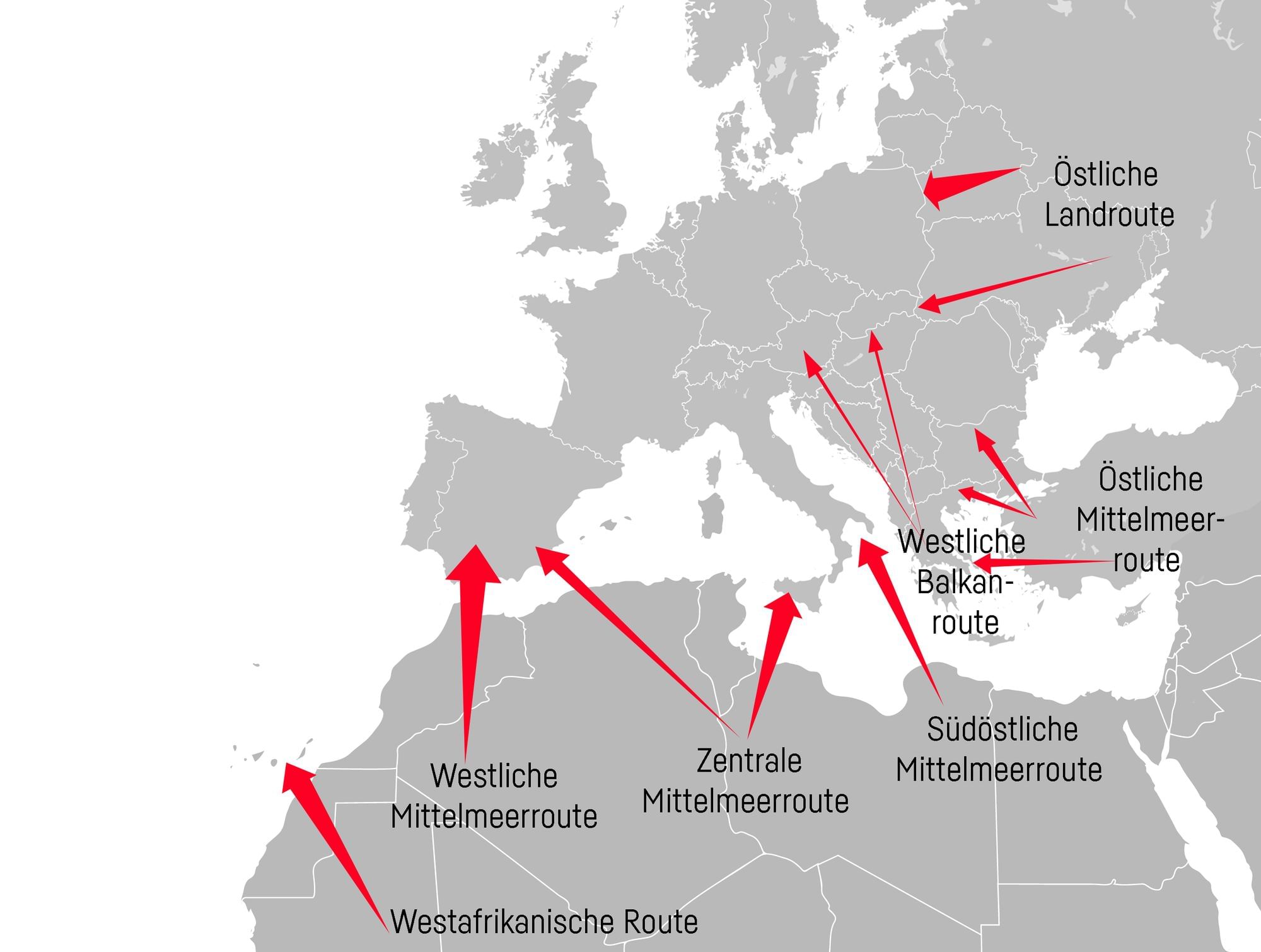 Eine Karte Europa mit Schwerpunkt auf den Mittelmeerraum und den unterschiedlichen Fluchtrouten eingezeichnet.