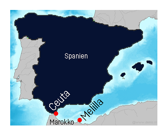 Karte Spaniens mit Teilen Nordafrikas, die Exklaven Ceuta und Melilla sind hervorgehoben.