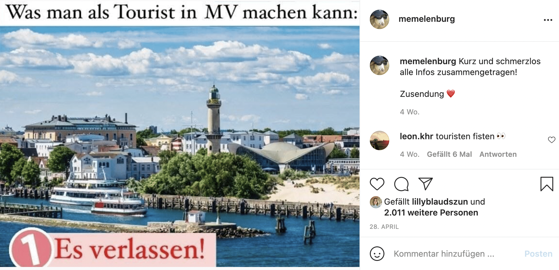 Ein Screenshot von einem Meme: "Was man als Tourist in MV machen kann: --> Es verlassen!"