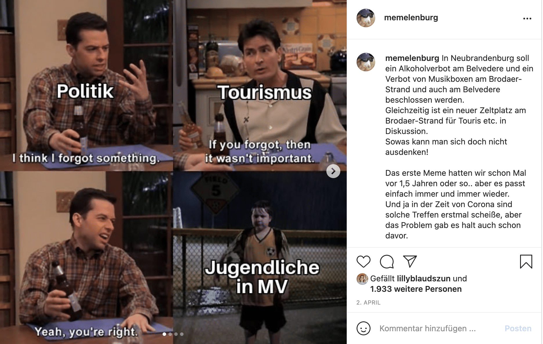 Ein Screenshot von einem Meme mit einer Szene aus Two and a Half Man, in der ein Junge von seinem Vater im Regen vergessen wurde.