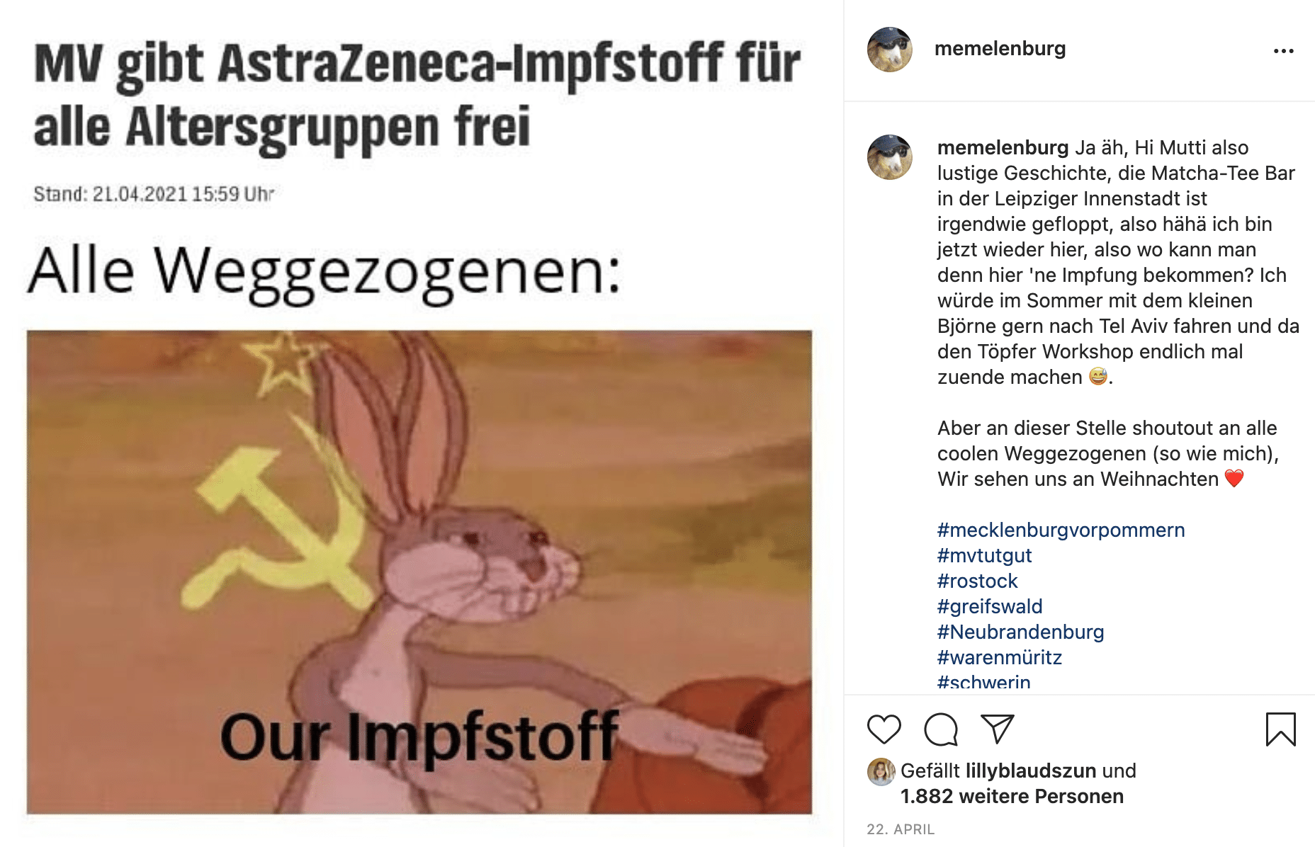 Ein Meme mit einer Zeitungsüberschrift: MV gibt Impfstoffe für alle frei. Alle weggezogenen "Our Impfstoff" mit einer UDSSR-Flagge im Intergrund
