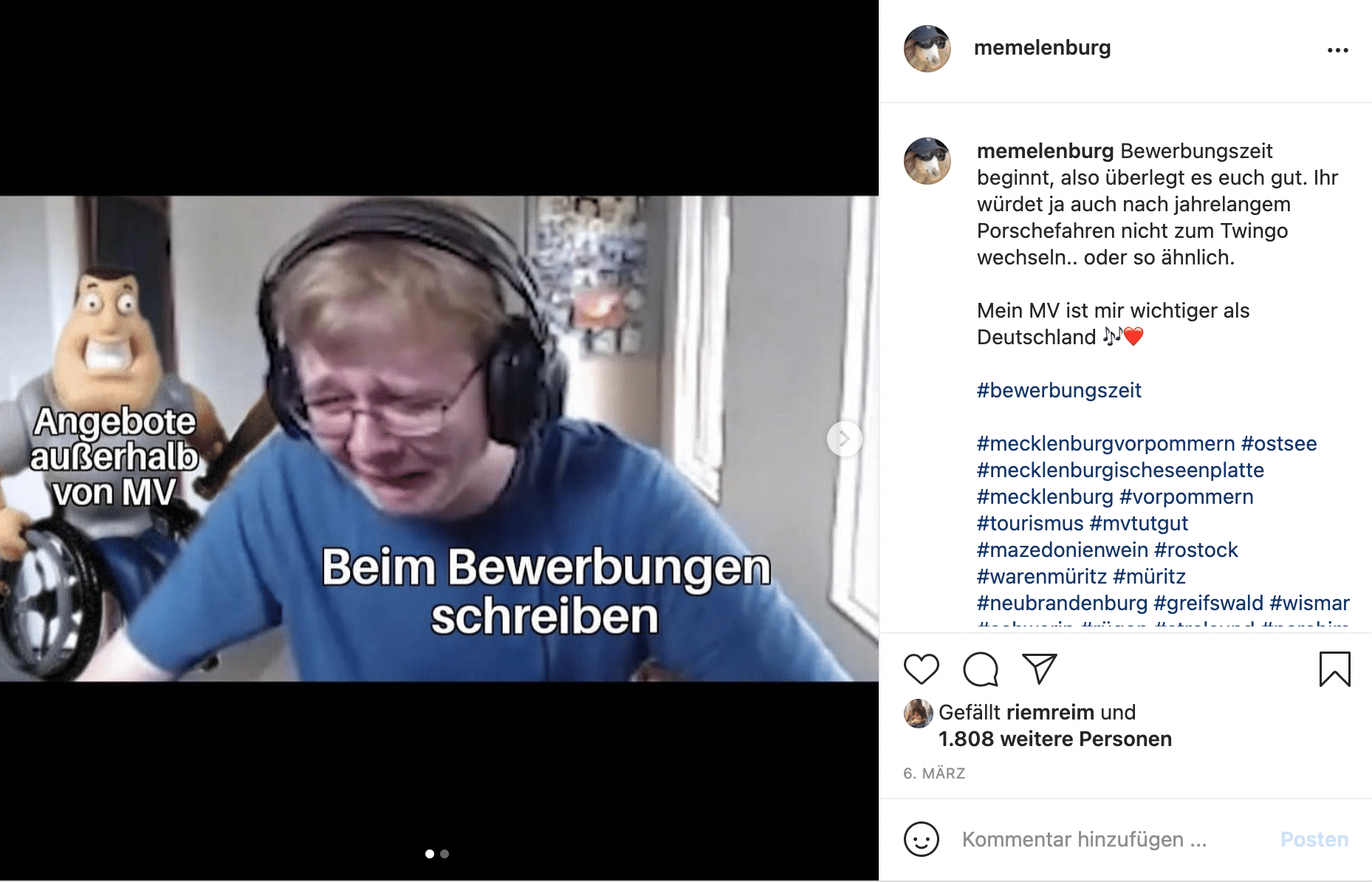 Ein Screenshot mit einem Meme: Ein weinender Junge und "Beim Bewerbungen schreiben" im Hintergrund ein grinsender Mann "Angebote außerhalb von MV"