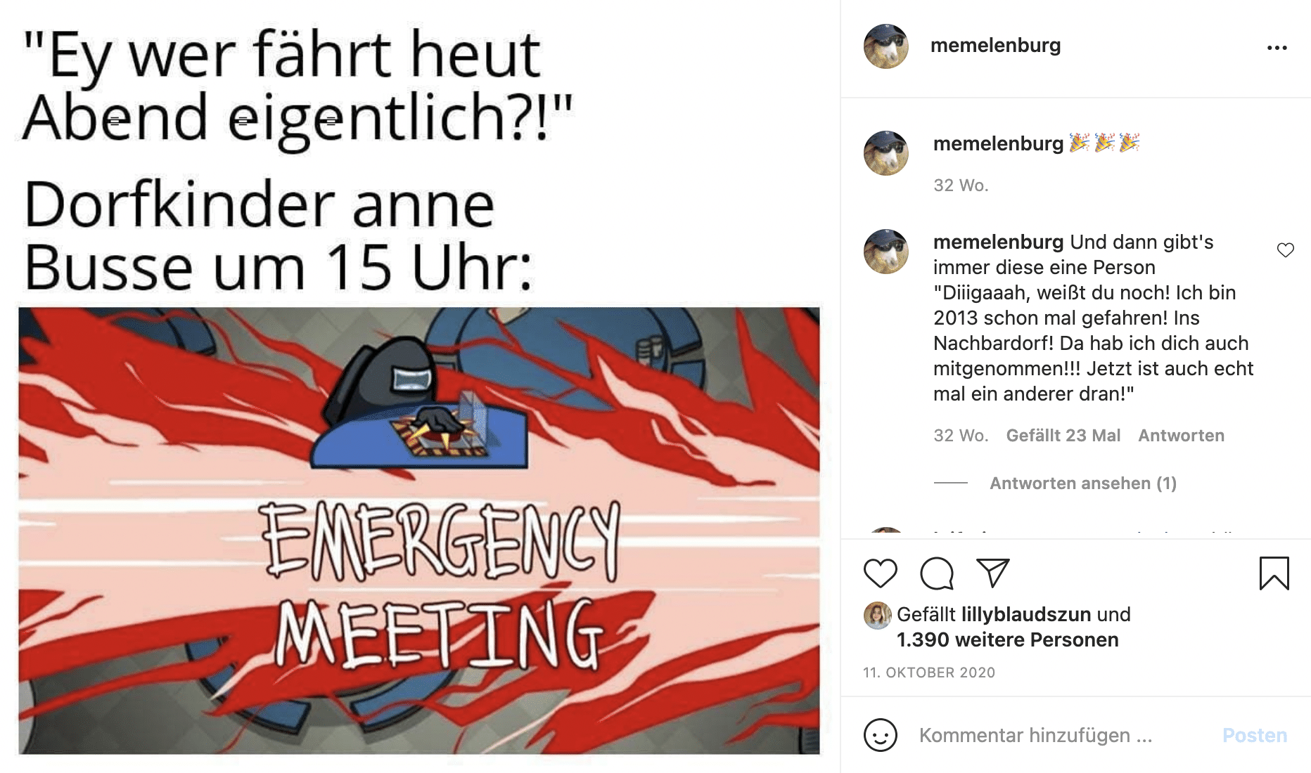 Eine Meme: "Ey wer fährt heut Abend eigentlich?!" Dorfkinder anne Busse um 15 Uhr: "EMERGENCY MEETING" aus dem Computerspiel Among Us