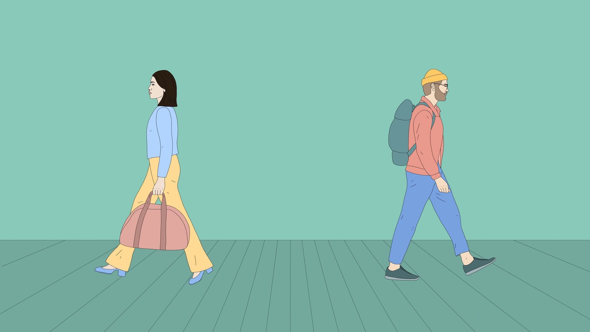 Zwei Personen trennen sich und laufen in unterschiedliche Richtungen. Die weiblich gelesene Person links hat schwarze, mittellange Haare und eine Tragetasche. Die männlich gelesene Person rechts trägt einen Beanie und Rucksack.