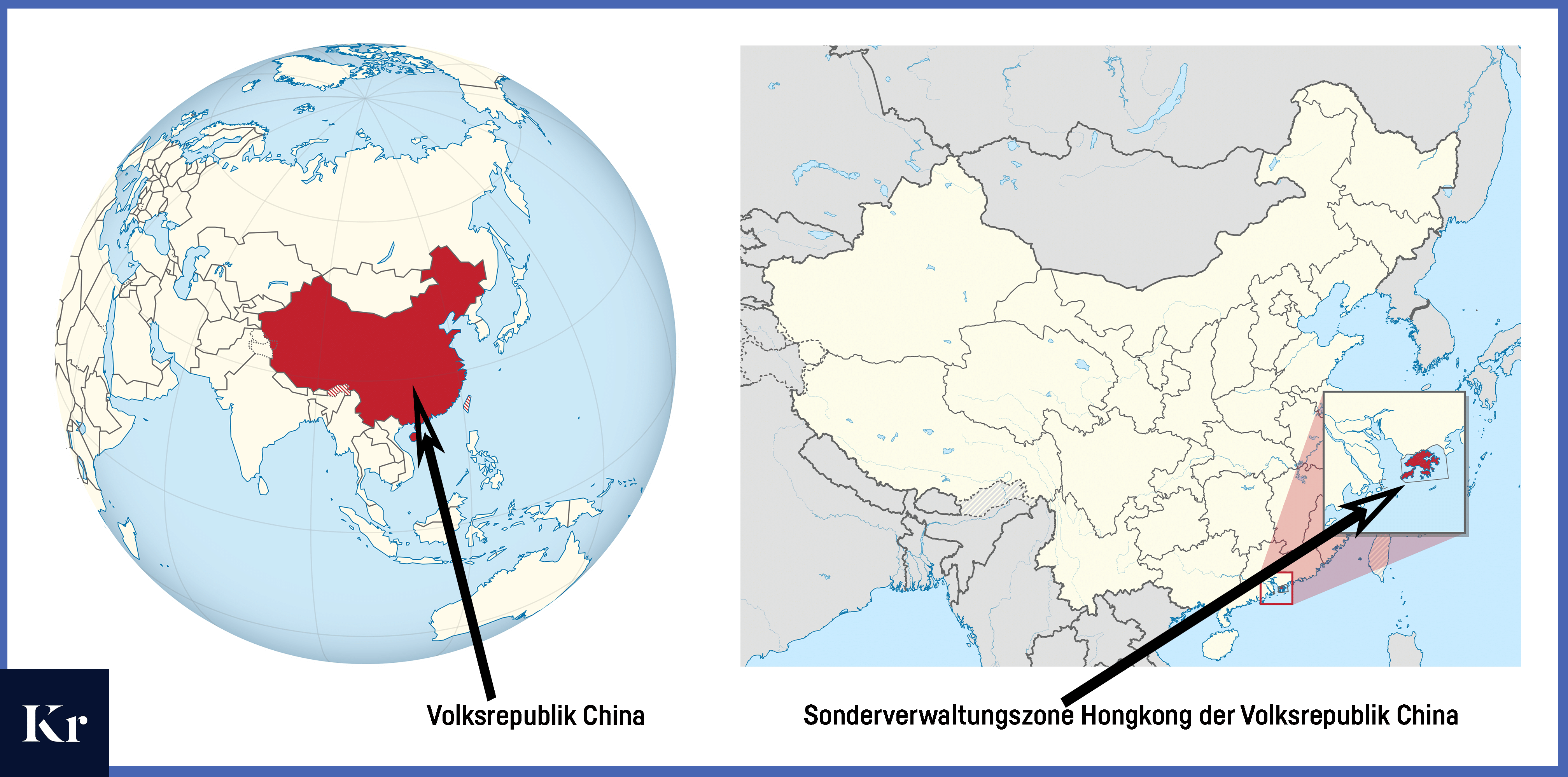 Tableau mit zwei Karten. Links sehen eine Weltkugel mit der Volksrepublik China rot hervorgehoben. Rechts ist die Volksrepublik China fokussiert und die Sonderverwaltungszone Hong Kong extra getrennt in einem Fenster rot hervorgehoben.