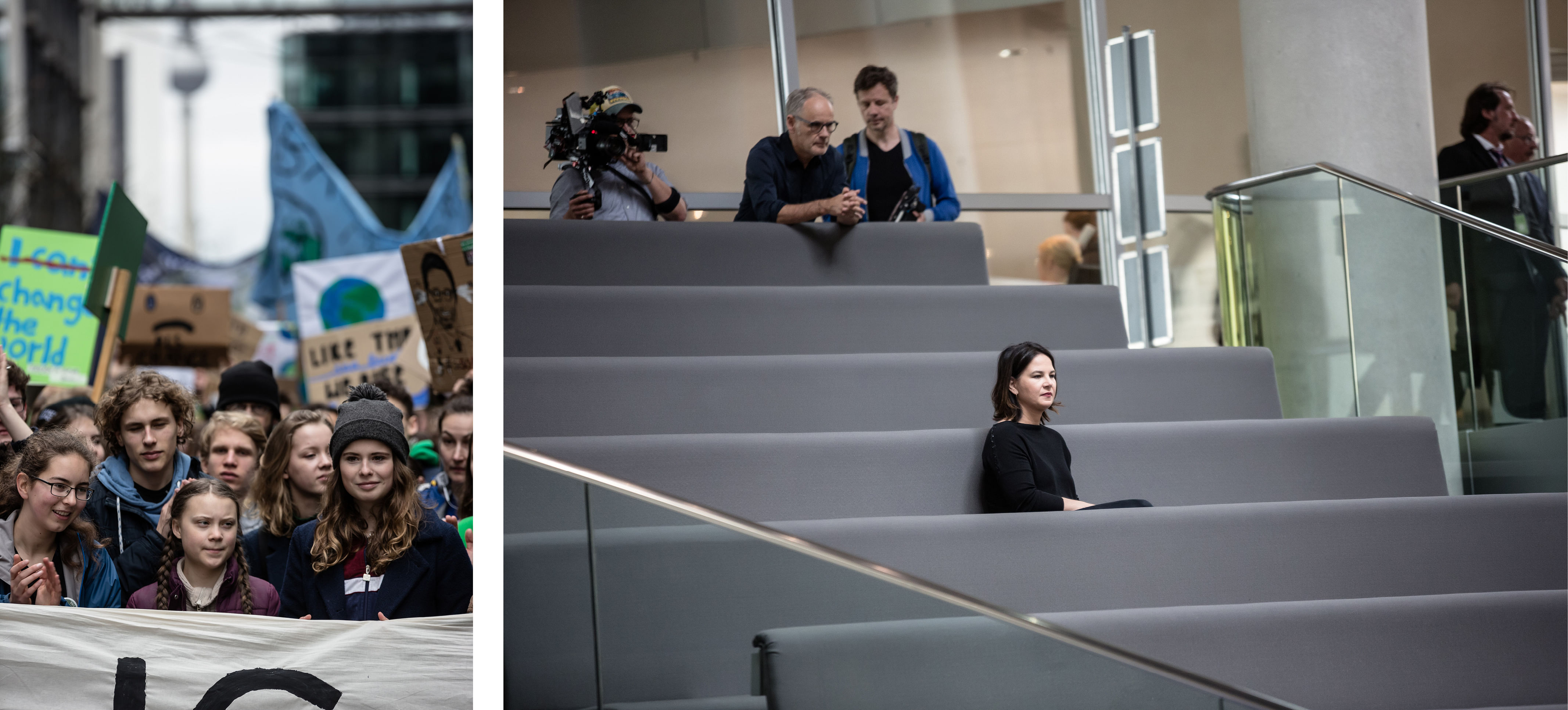 Zwei Bilder. Links vertikal: Greta Thunberg umringt von anderen Klimaaktivist:innen. Rechts, horizontal: Annalena Bearbock sitzt auf der Tribüne im Bundestag.