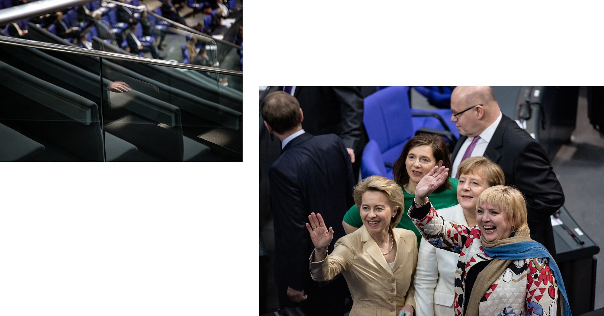 Links oben, 1/3 groß, die Spiegelung einer Hand über den Sitzbänken und dem Plenarsaal des Bundestages. Rechts unten, 2/3 groß, Ursula v.d.Leyen und Claudia Roth winken, während Katrin Göring Eckardt und Angela Merkel ihre Blick auf die Tribüne über ihnen im Bundestag richten.
