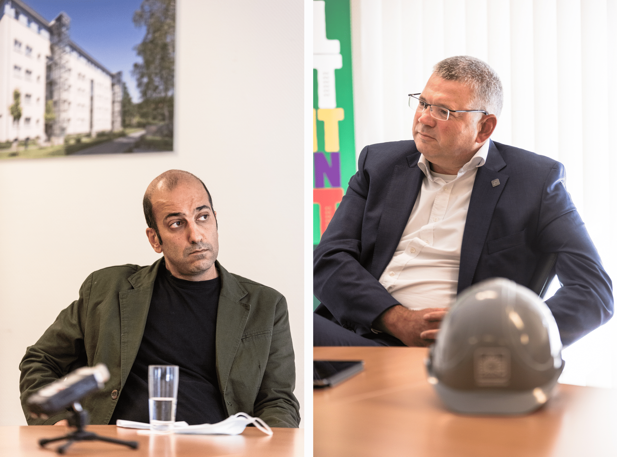 Geteiltes Bild, links ein Mann mittleren Alters mit Halbglatze, im TShirt mit Sacko; rechrs ein Mann mit Brille, ergrauten Haaren in Anzug und Krawatte.