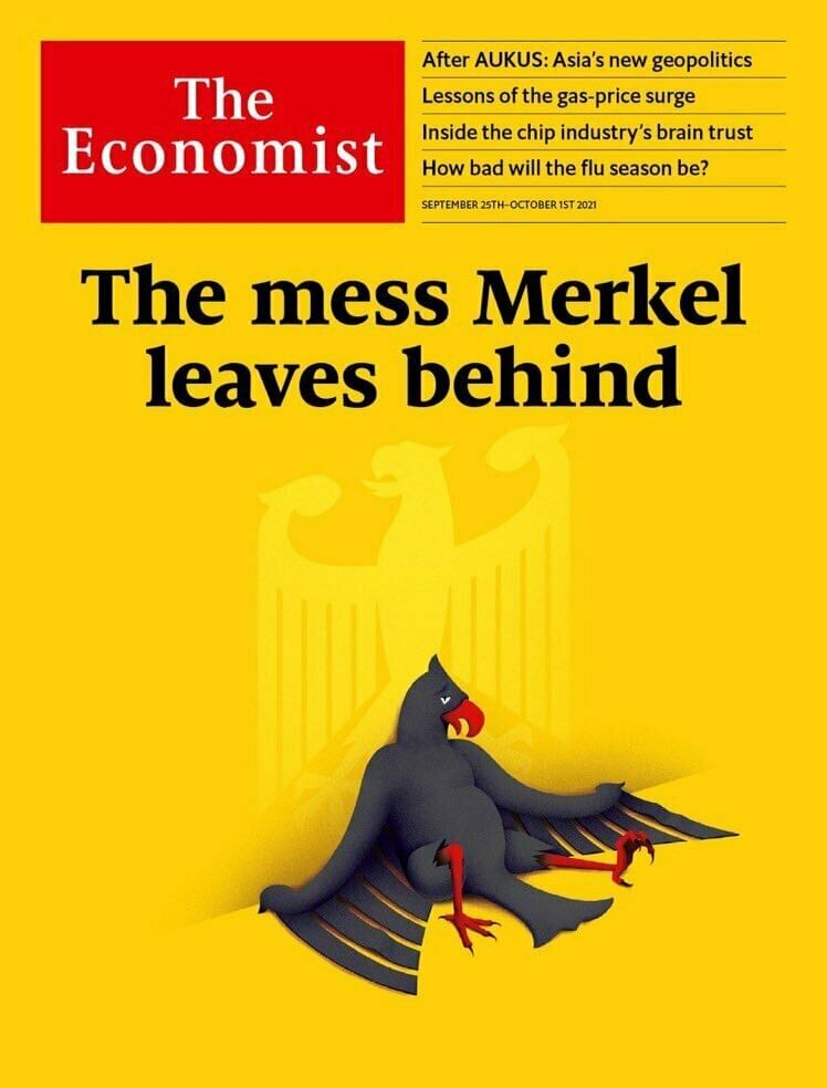Auf der Titelseite des Economist sieht man einen heruntergefallenen Adler, dazu die Überschrift: "Das Chaos, dass Merkel hinterlässt".