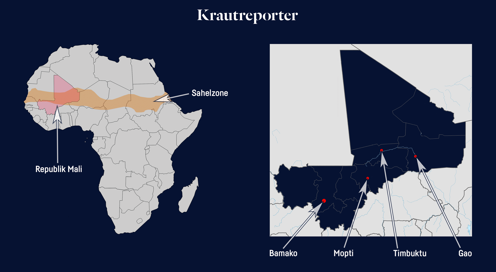 Eine Karte des Afrikanischen Kontinents mit der Position Malis und der Dislozierung der Sahelzone hervorgehoben.