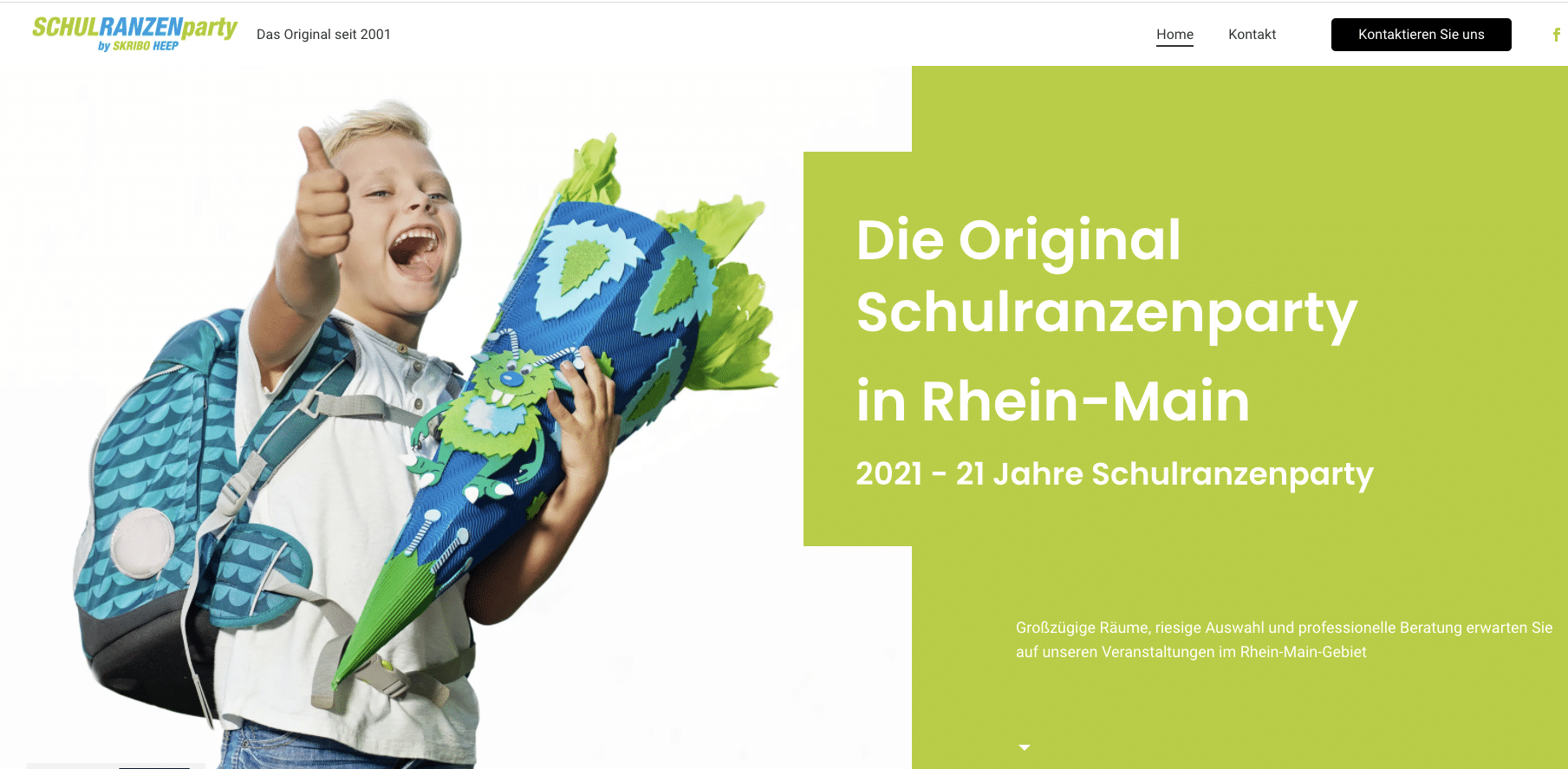 Ein Screenshot einer Webseite eines Schulranzenpartyanbieters. Ein Kind schreit glücklich in die Kamera.