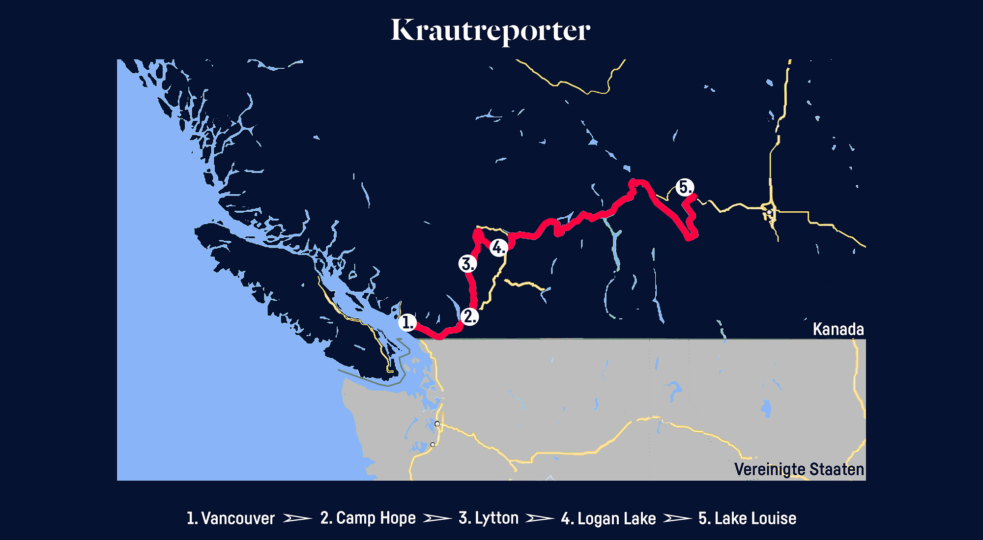 Eine Karte der Region von Vancouver bis Lake Lousie mit den Stationen aufgezeichnet.