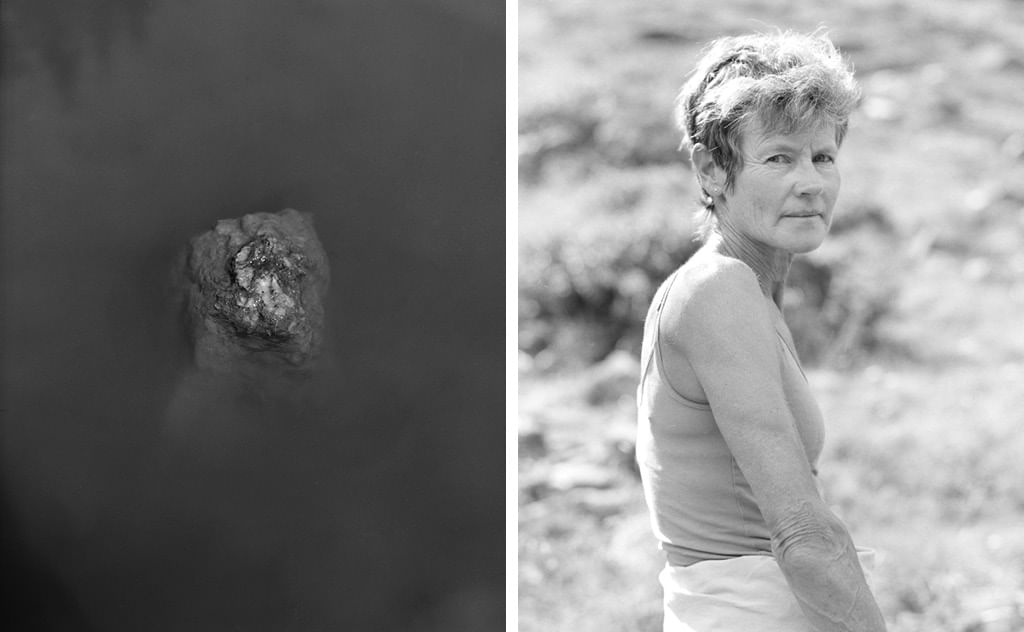 Vertikaler Diptych, schwarz weiß; links- Der Himmel reflektiert sich in einem See, durch das Wasser sticht ein Stein, einem Berg gleich; rechts- eine Frau blickt in die Kamera vor einem Berghang, ihr Alter ist nicht lesbar.