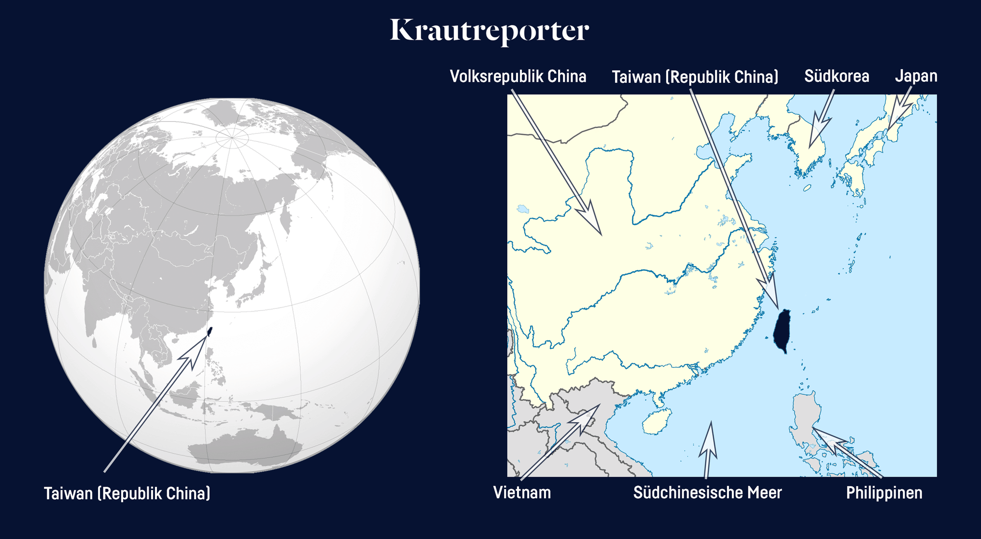 Zwei Karten, eine welche die globale Lage Taiwans zeigt und eine Taiwan im Südasiatischen Raum zeigt.