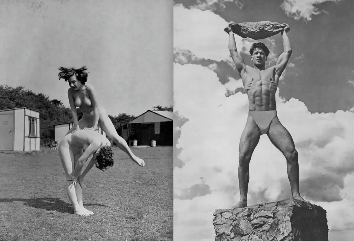 Zweiteiliges Bild: Links: Zwei nackte Frauen üben Bockspringen. Rechts: Ein Mann hebt einen Stein über seinen Kopf, ihm wurde eine Art Lendenschurz anretuschiert.