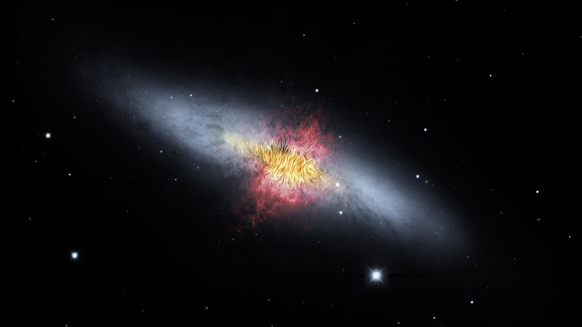Das Magnetfeld, das von der hochauflösenden Teleskopen erfasst wurde, scheint den bipolaren Ausströmungen (rot) zu folgen, die durch die intensive nukleare Sternenexplosion erzeugt werden. Das Bild kombiniert sichtbares Sternenlicht (grau) und eine Spur von Wasserstoffgas (rot).