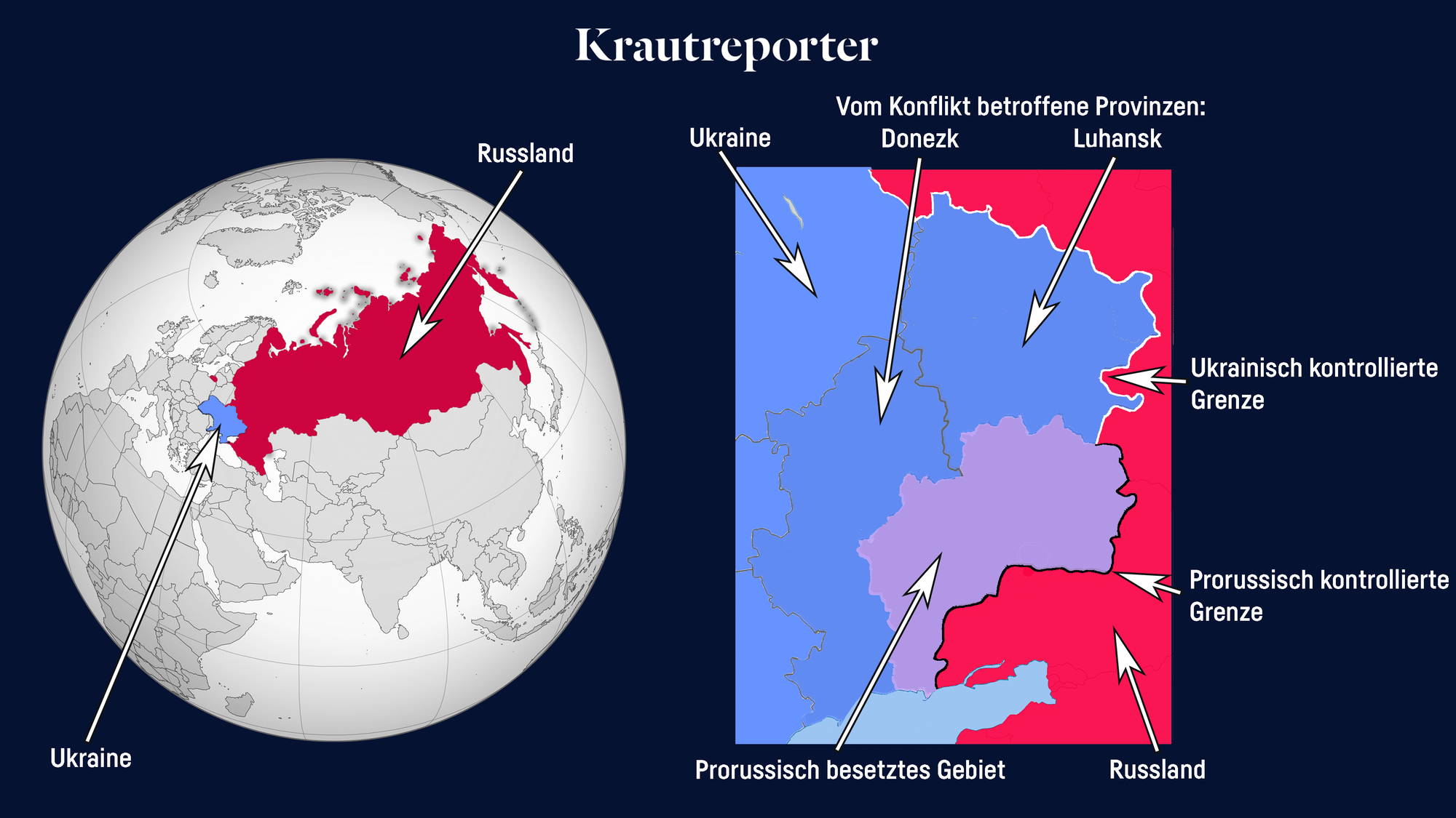 Zwei Karten. Auf der linken sehen wir Ukraine und Russland hervorgehoben. Rechts ist die Donbass Region herausgearbeitet; die beiden Provinzen Donezk und Luhansk sind eingezeichnet, wie auch die prorussischen Gebiete und Grenz Situationen.