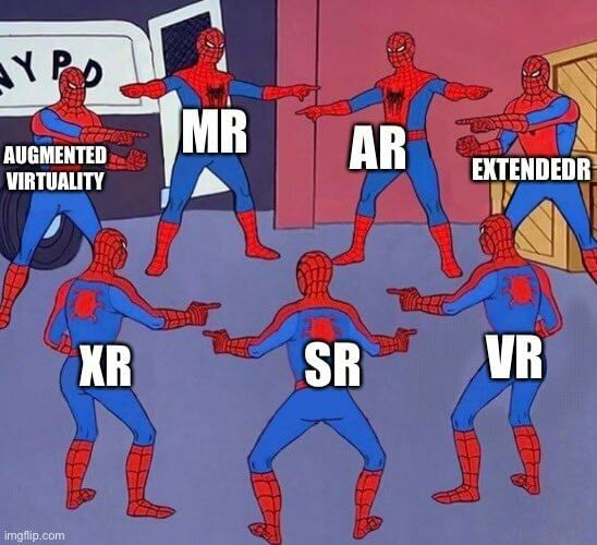 Identische Spiderman-Figuren zeigen aufeinander. Die Figuren sind mit den verschiedenen Abkürzungen für virtuelle Realitäten betitelt.