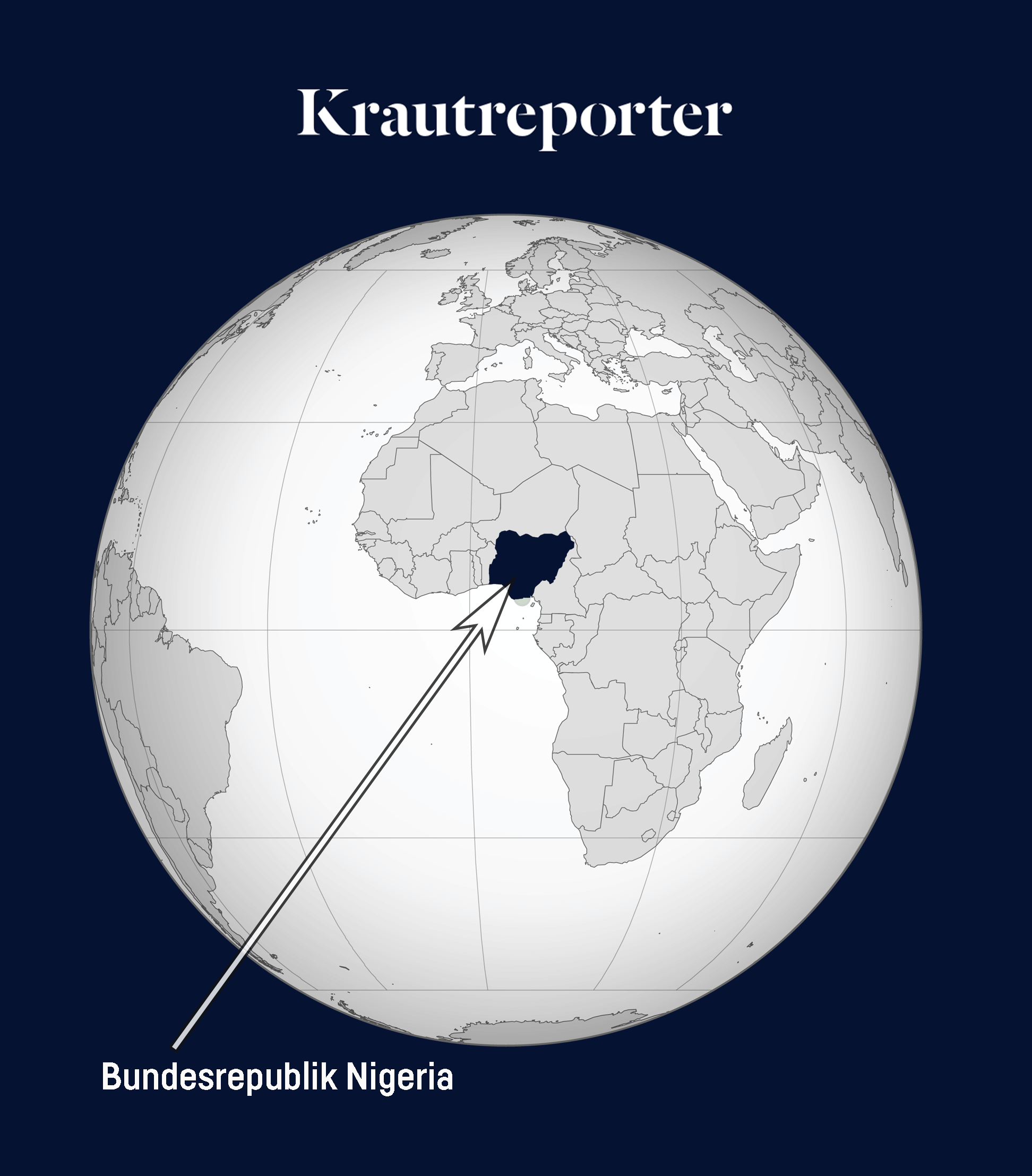 Eine Weltkarte mit Afrika im Zentrum. Nigeria ist hervorgehoben.