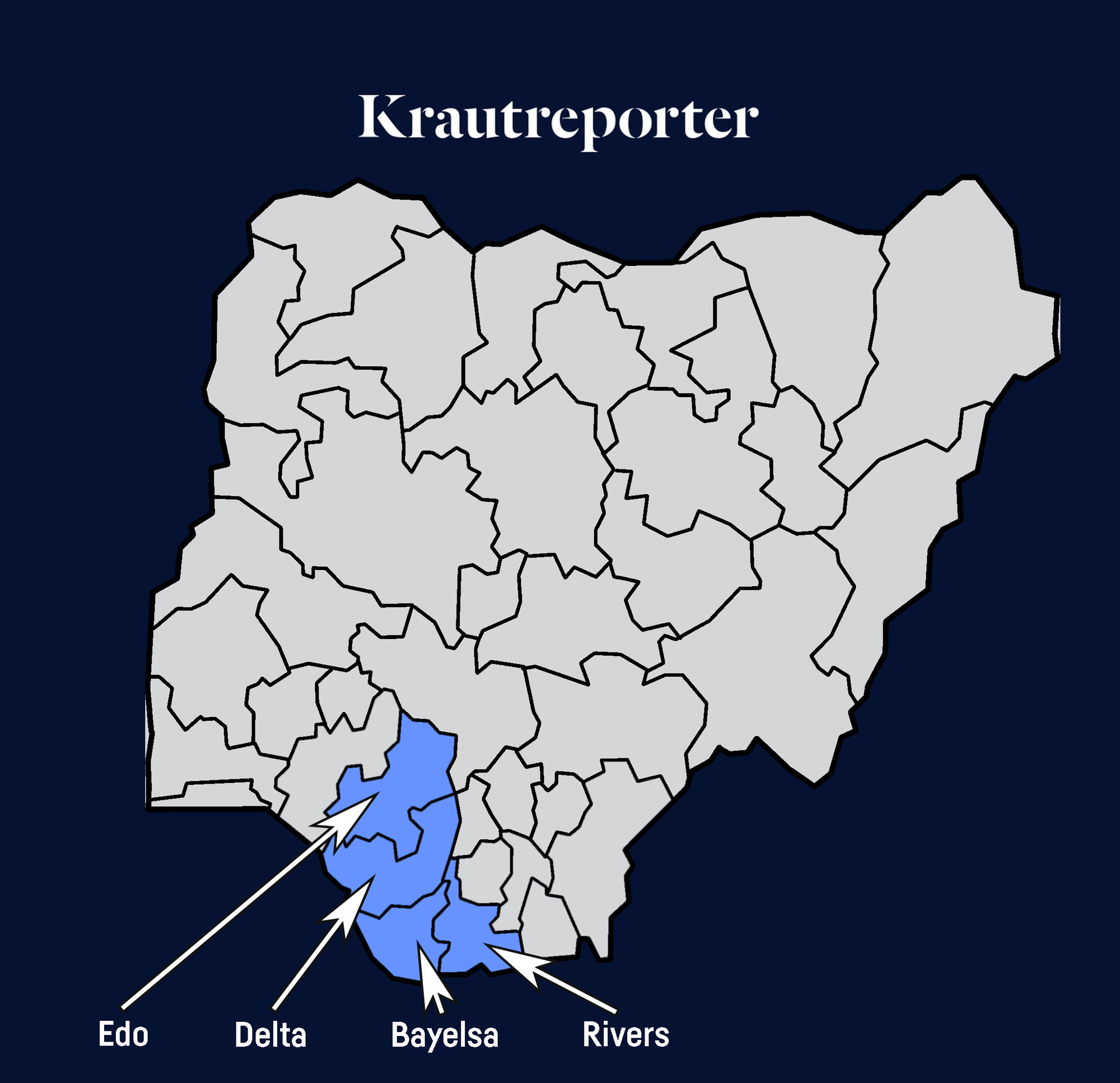 Eine Karte von Nigeria. Edo, Delta, Bayelsa und Rivers sind hervogehoben, sie liegen im Süden von Nigeria.