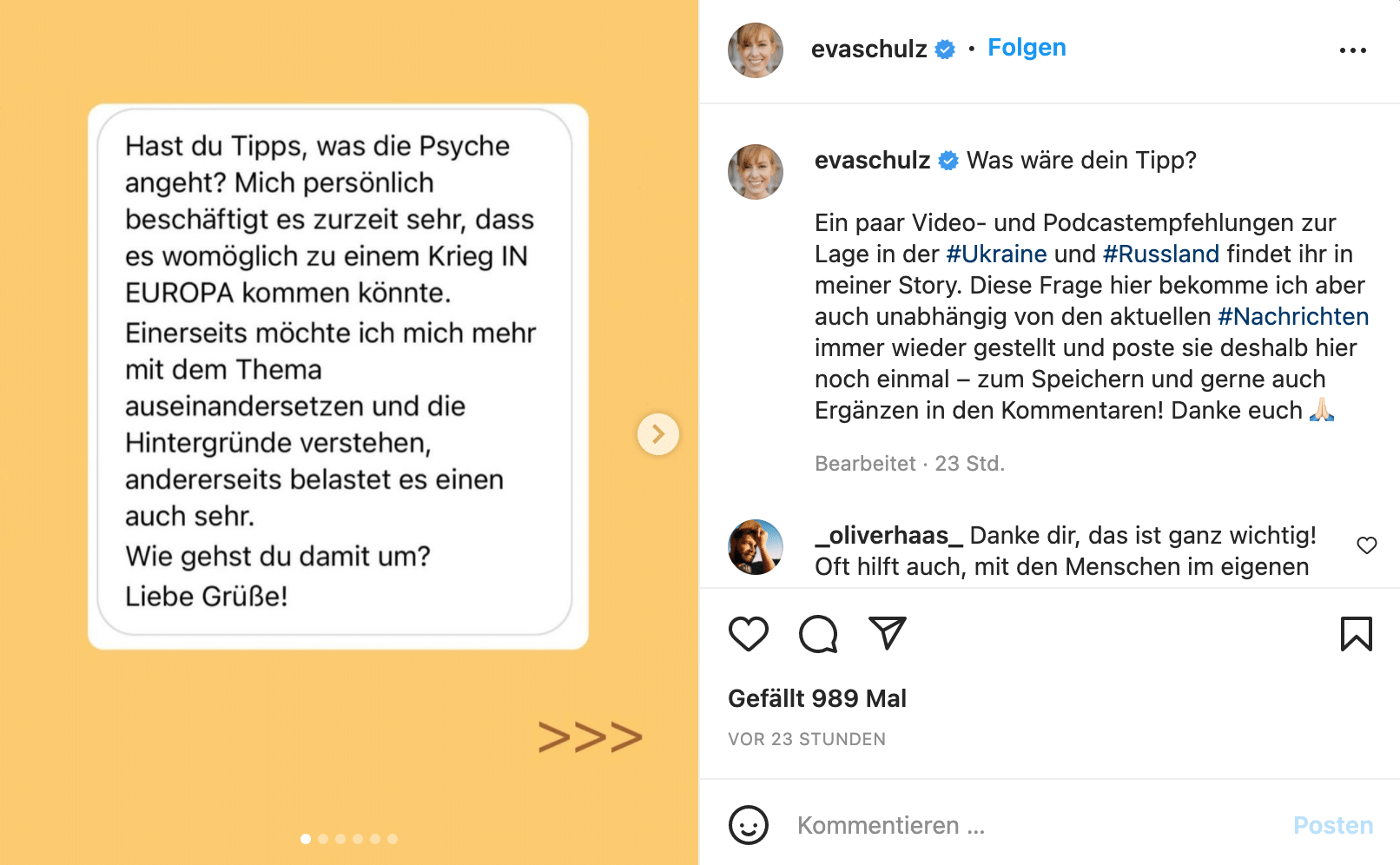 Wir sehen einen Instagram-Post, auf dem Eva Schulz ihren Follower:innen die Frage stellt, welchen Tipp sie für Leute haben, die die Situation in der Ukraine belastet.
