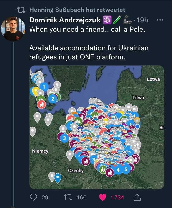 Auf der Karte sieht man, wie viele Menschen aus Polen Orte angeben, wo Geflüchtete unterkommen können.