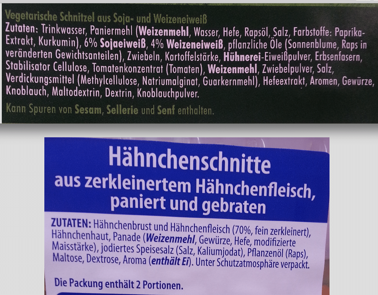 Hähnchenschnitzel: Einmal mit Huhn, einmal ohne