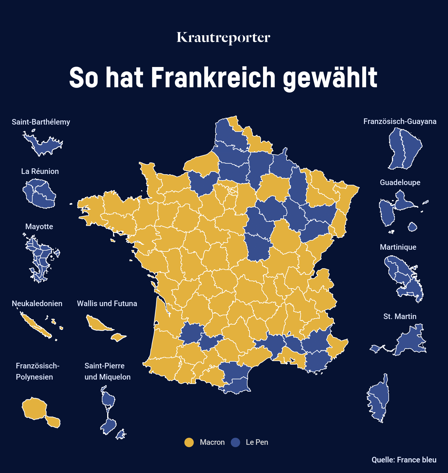Eine Karte von Frankreich und seinen Überseegebieten. Sie zeigt, wer in welchem Gebiet die Mehrheit für sich erringen konnte. Die meisten Gebiete sind Geld gefärbt, für Macron. Aber ein paar sind auch blau, für Le Pen.