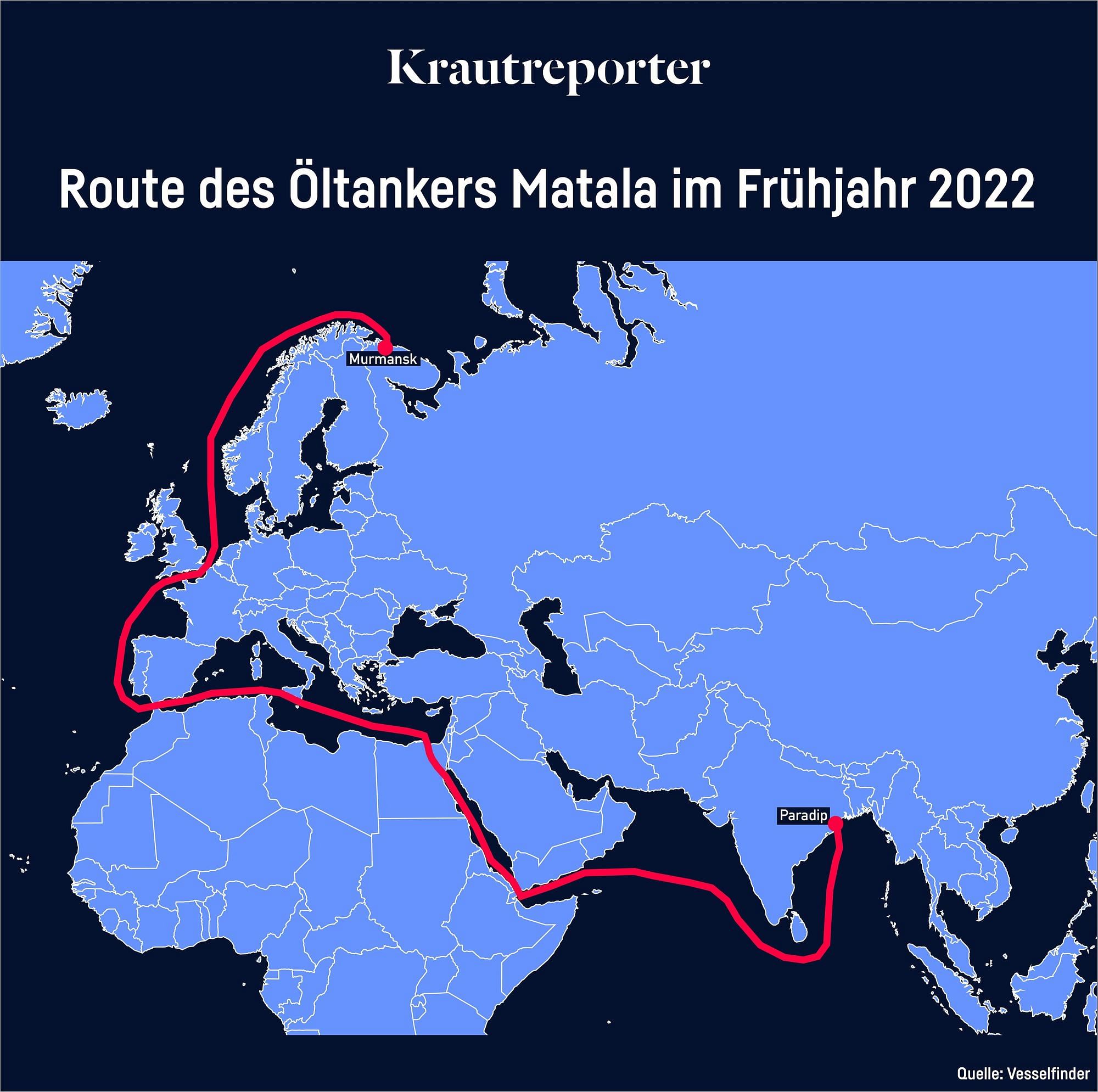 Auf einer Karte ist die Route des Öltankers eingezeichnet. Sie startet in Murmansk in Russland und endet in Paradip in Indien. Sie führt entlang der Norwegischen Küste, an Spanien vorbei ins Mittelmeer und schließlich nach Indien.