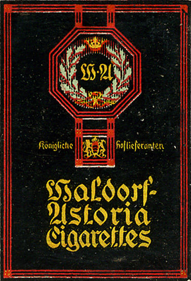 Eine Reklamemarke der Zigarettenmarke Waldorf-Astoria Zigaretten.