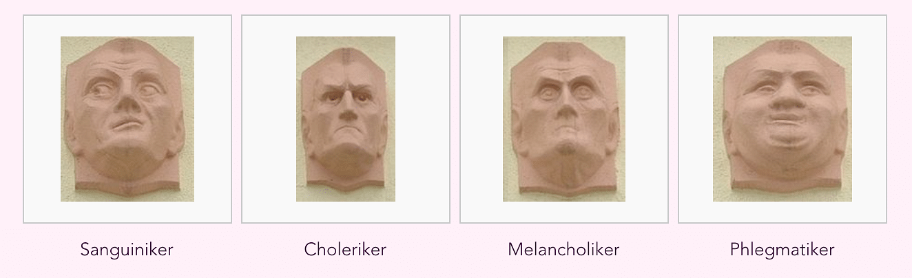 4 verschiedene Gesichtsausdrücke, sortiert nach den vier Temperamenten.