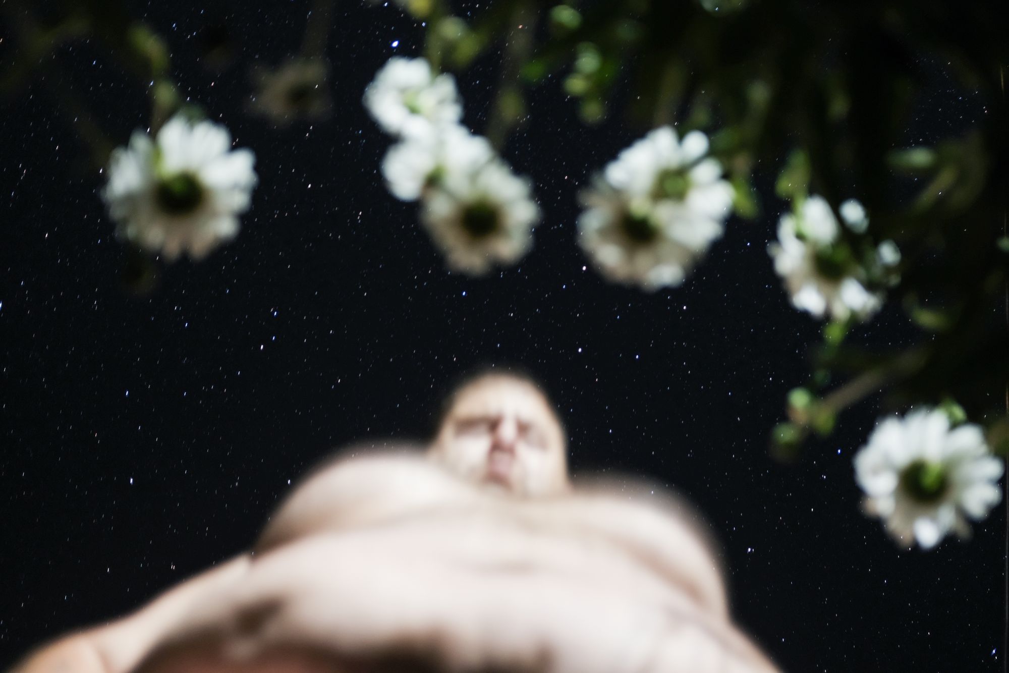 Wir sehen einen nackten Mann, der sich von unten fotografiert. Wir sehen seine Brüste und Blumen. Über ihm: Sternenhimmel.