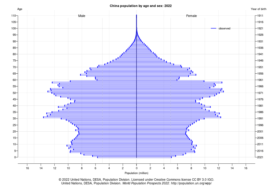 Die Grafik der UN zeigt die aktuelle Verteilung der Altersgruppen in China: wenige Alte und viele Menschen im arbeits- und (wehr-)fähigen Alter.