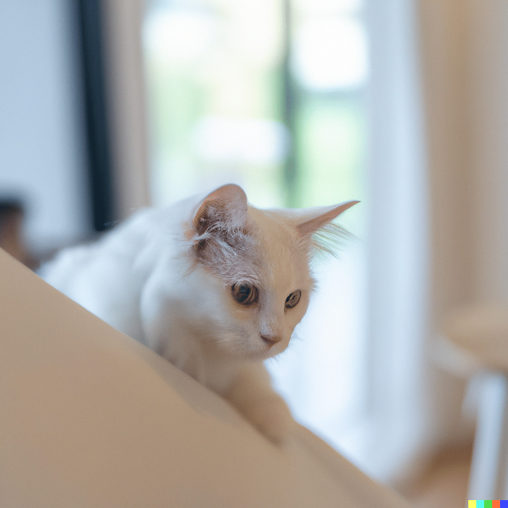 Eine weiße Katze sitzt auf einem Kissen. Im Hintergrund ist ein großes Fenster zu erkennen.