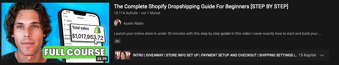 Wir sehen ein Youtueb-Thumbnail, in dem ein Video verspricht eine Einführung im Dropshipping zu bieten