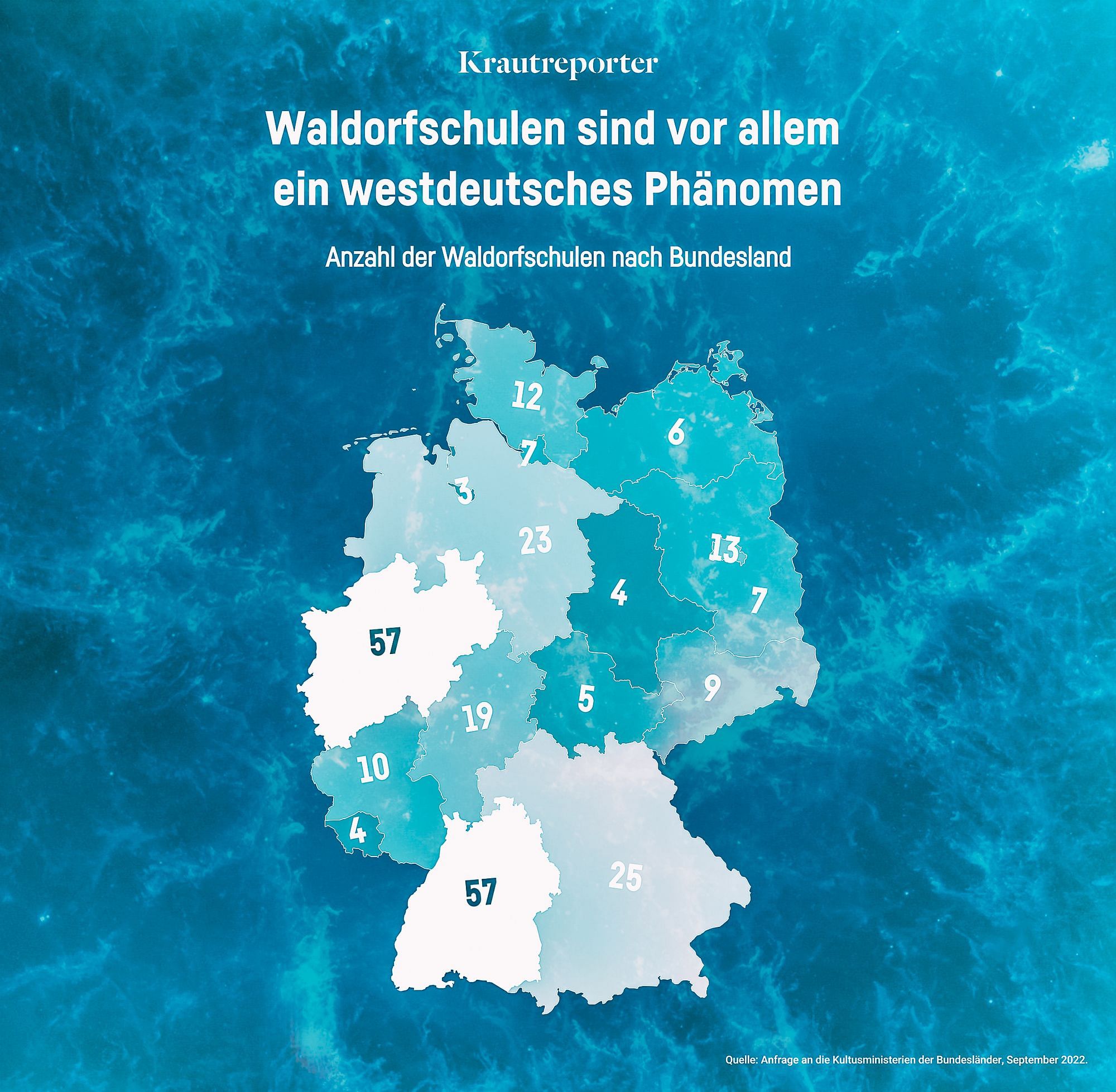 Eine Karte, die die Verteilung von Waldorfschulen in Deutschland zeigt. Besonders im Westen gibt es viele.
