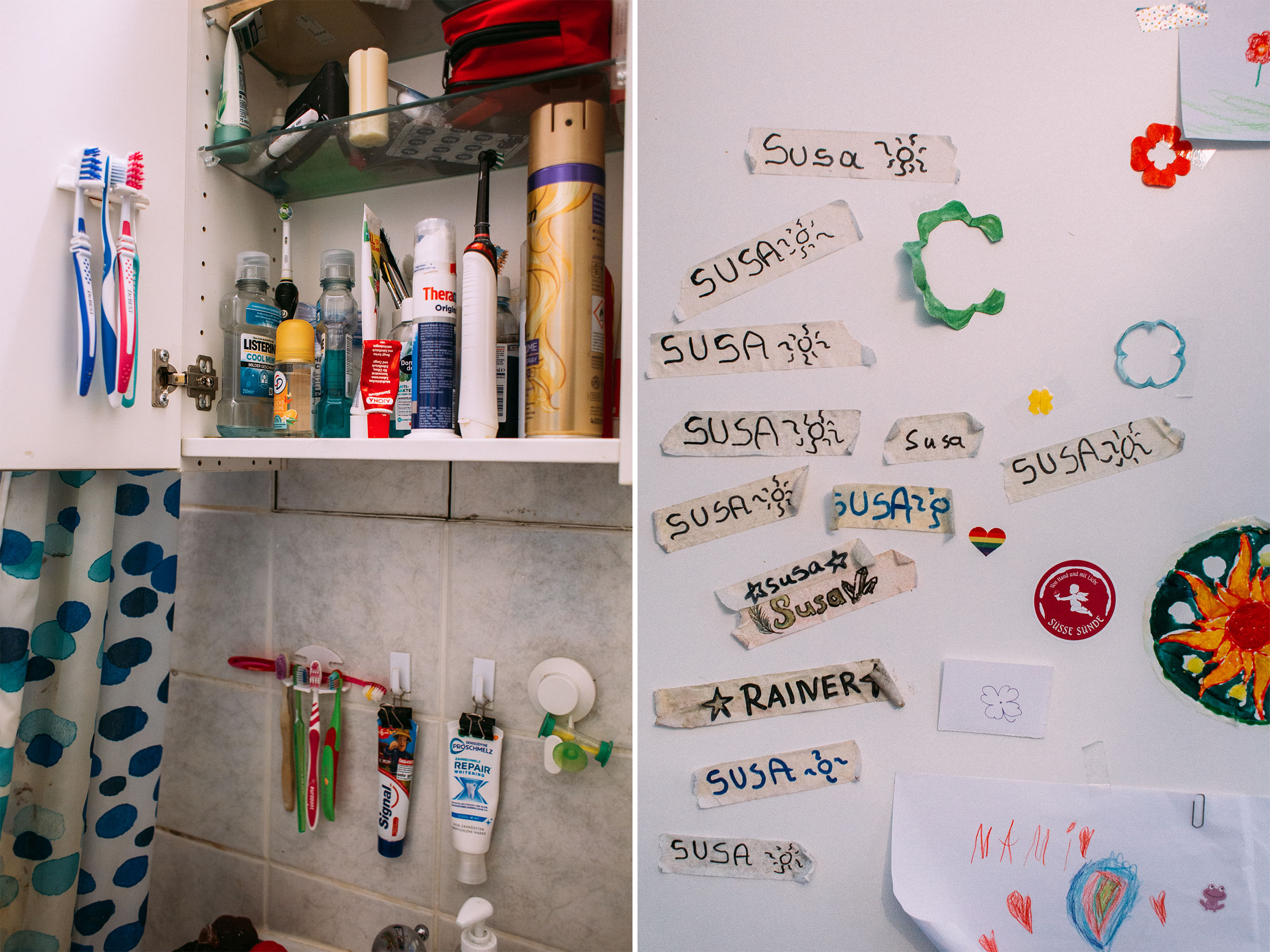 Auf dem linken Bild ist ein Badezimmerschrank mit etlichen Zahnbürsten zu sehen. Auf dem rechten Bild kleben neben Kinderbildern Namensschilder von Susa und Rainer an einer Tür.