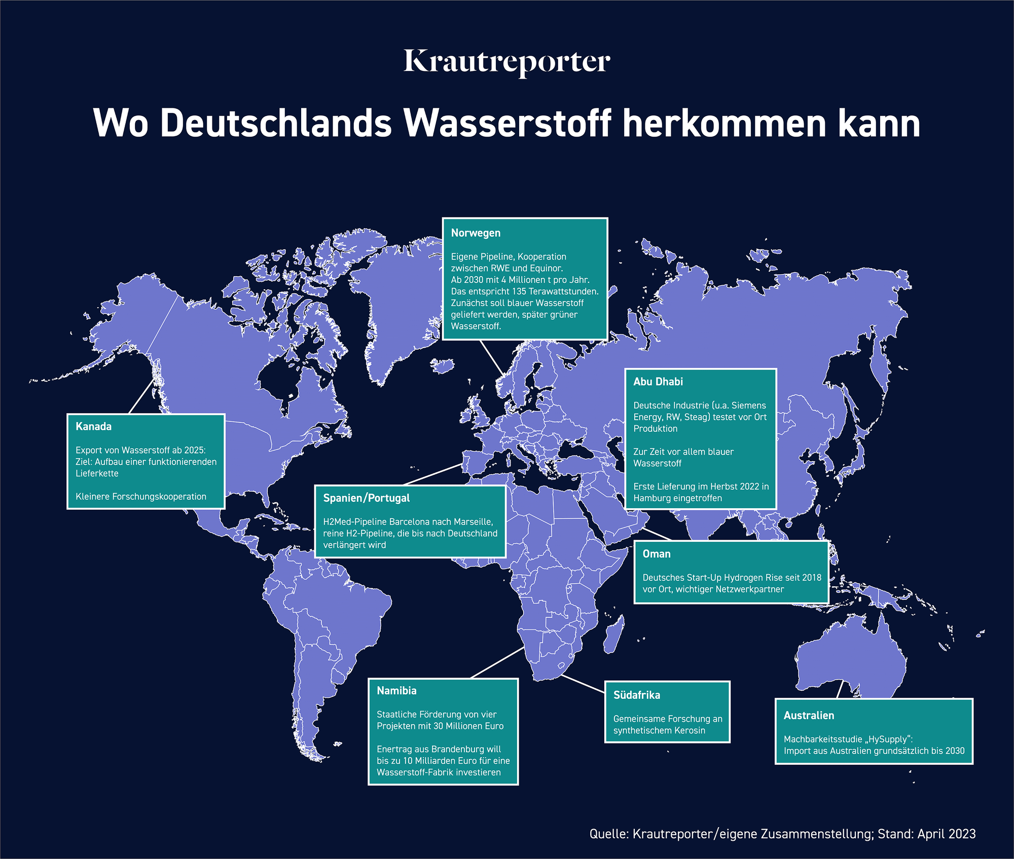 Weltkarte, auf der die Regionen eingezeichnet sind, mit denen Deutschland in Wasserstoff-Fragen kooperiert