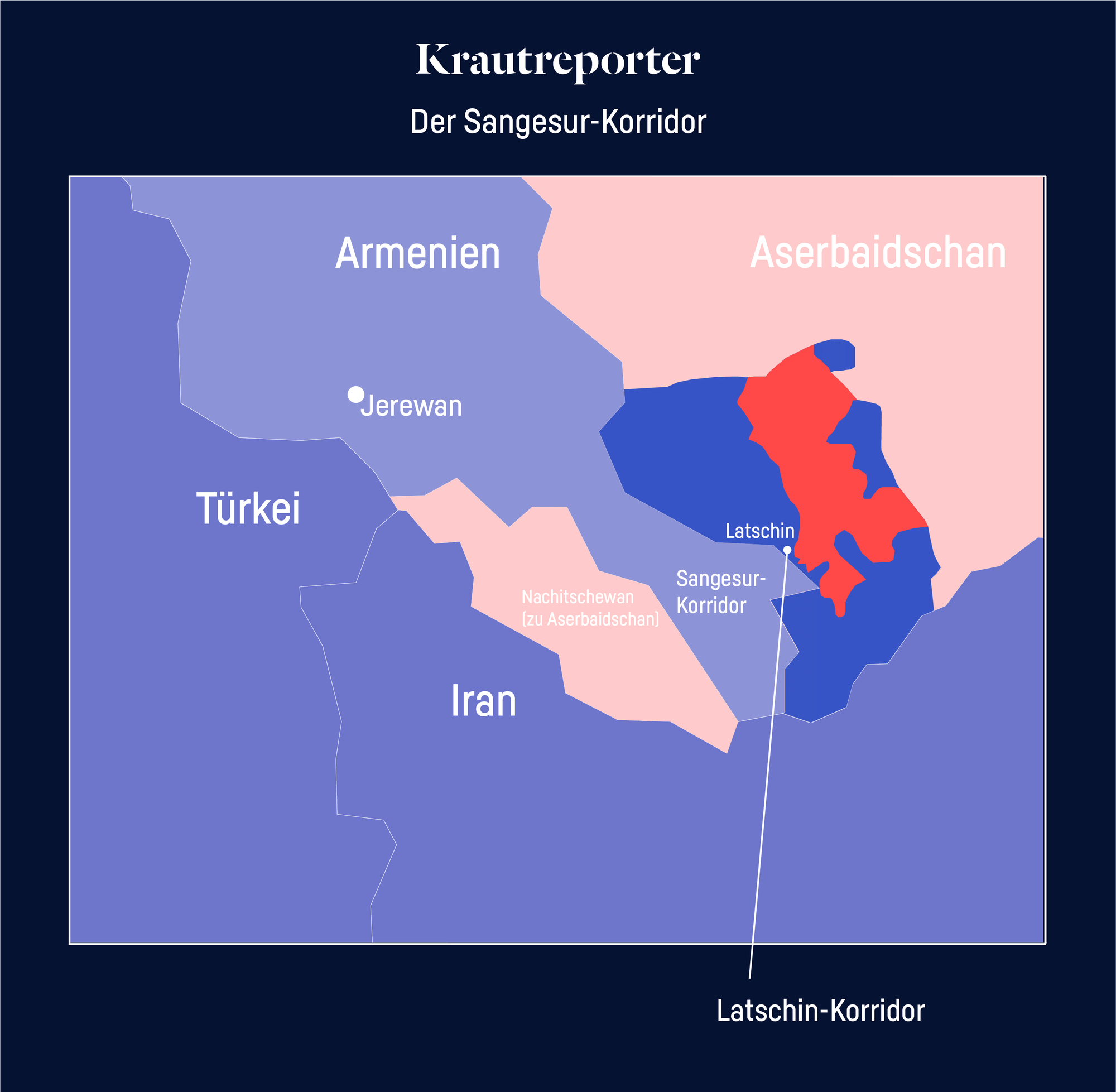Eine Karte der Region Bergkarabach. Aserbaidschan und die Exklave Nachitschewan sind hervorgehoben. Dazwischen ist der sogenannte Sangesur-Korridor erkennbar. 